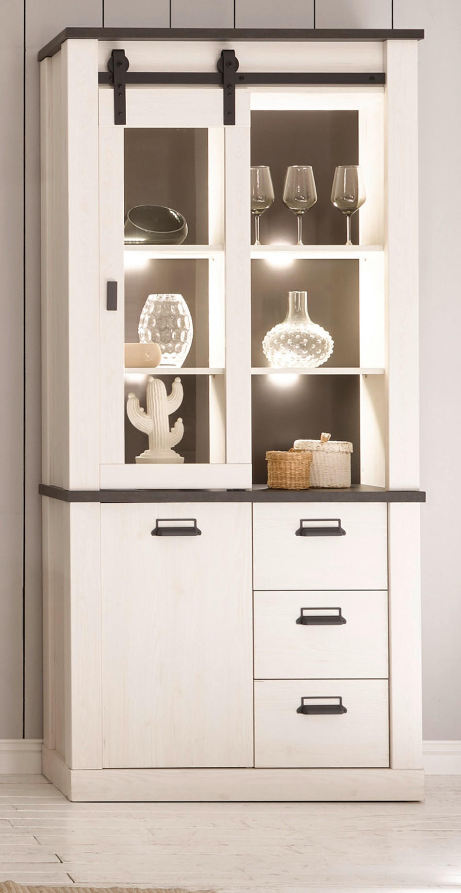 VITRINE weiß Pinie, anthrazit, Landhaus, Vitrinenschrank 93 x 201 cm - Anthrazit/Weiß, Holzwerkstoff/Metall (93/201/38cm) - Furn.Design
