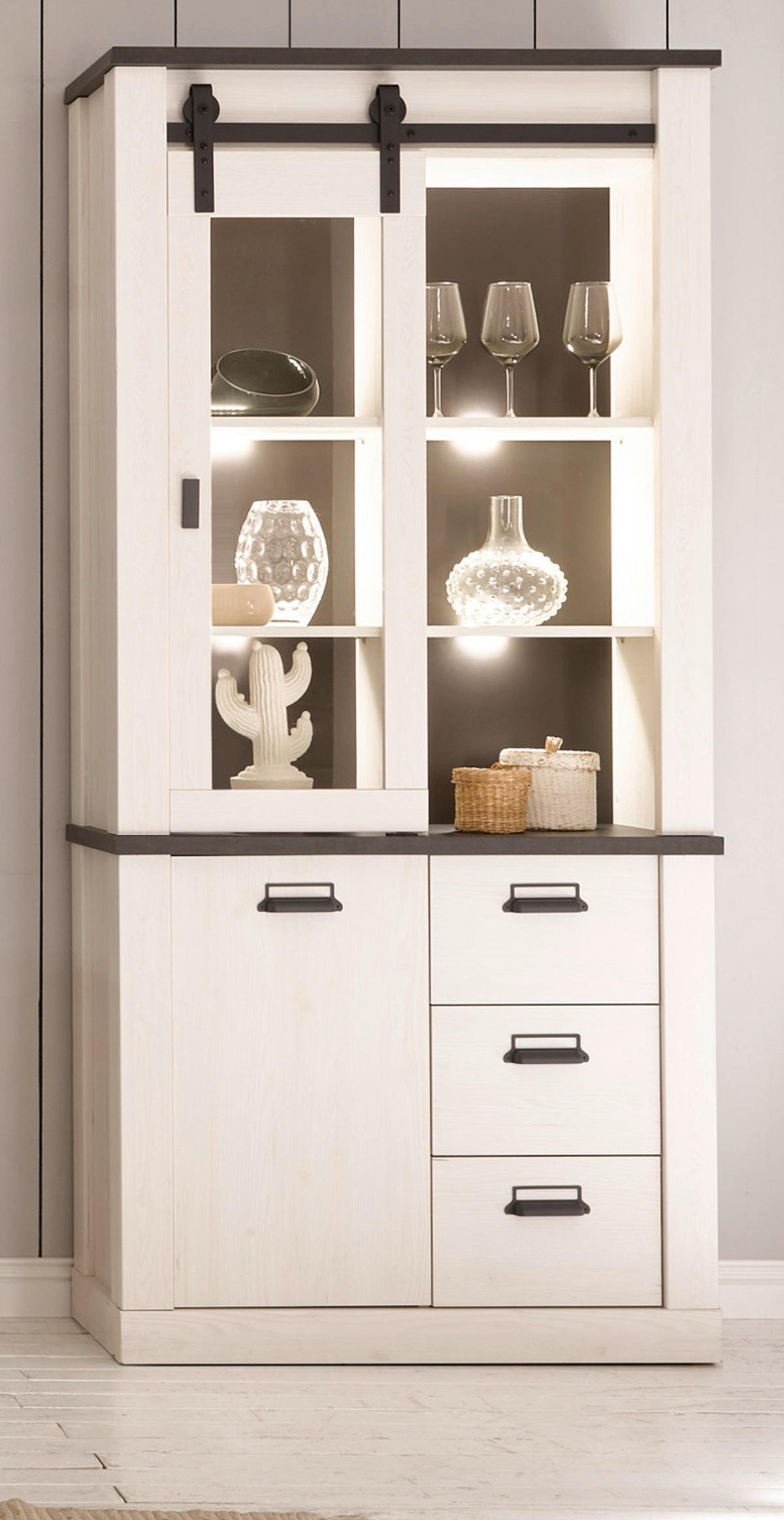 VITRINE weiß Pinie, anthrazit, Landhaus, Vitrinenschrank 93 x 201 cm - Anthrazit/Weiß, Holzwerkstoff/Metall (93/201/38cm) - Furn.Design