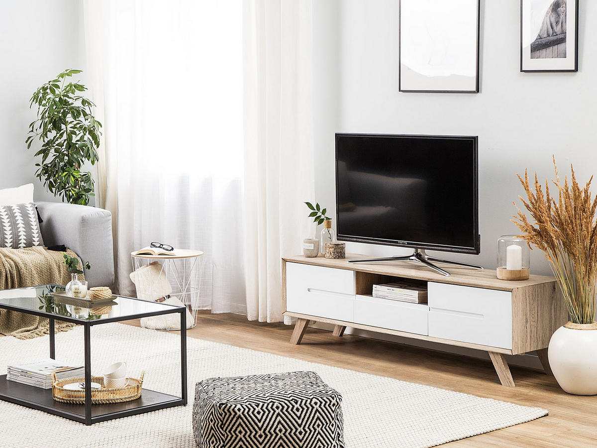 TV-MÖBEL Weiß, Hellbraun FORESTER 40/150/45 cm - Weiß, Holzwerkstoff (150/45/40cm) - Beliani