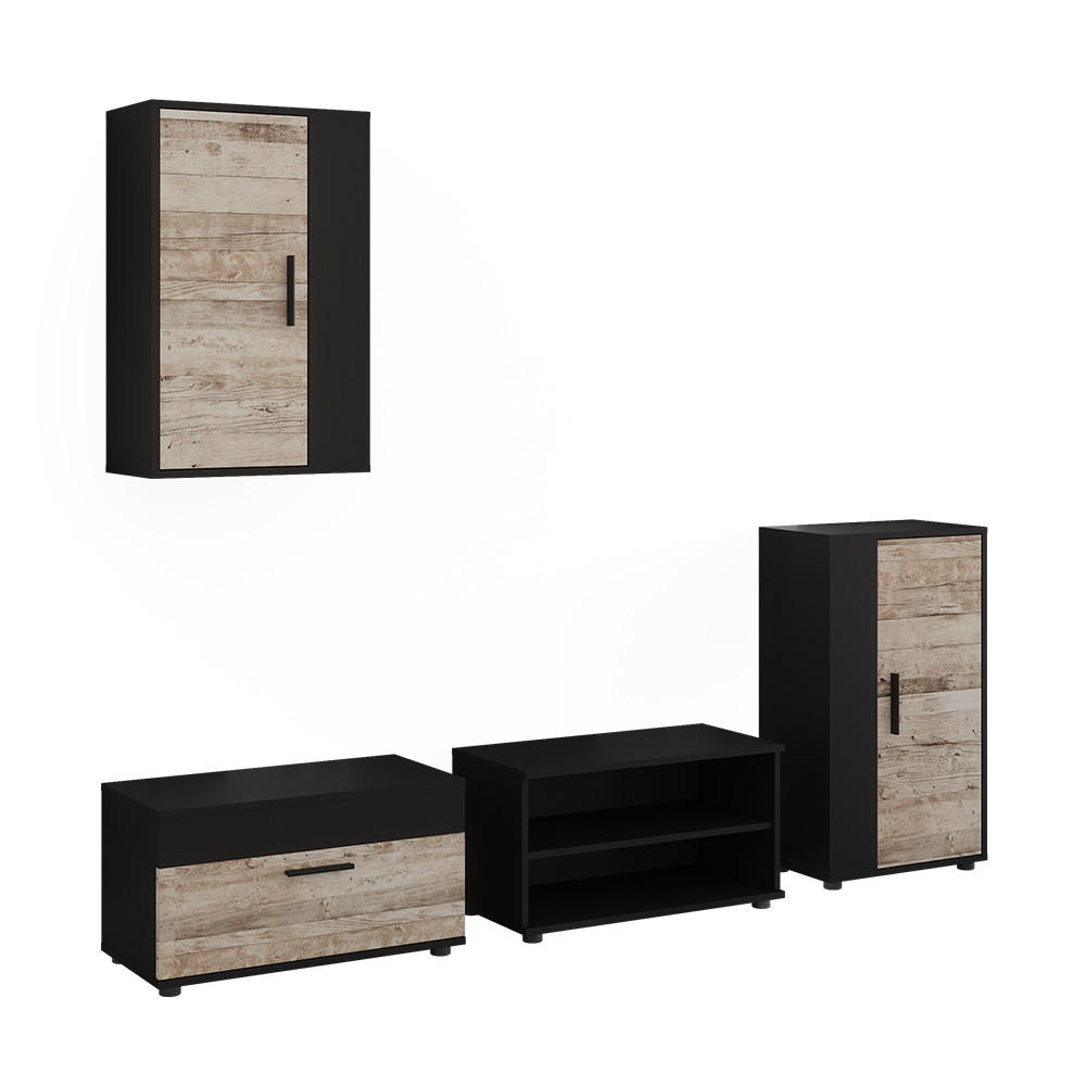 UNITATE DE PERETE Berno, Negru/stejar de nisip, Set de 4 piese - stejar Sonoma/negru, compozit lemnos (50.1/283/28.3cm) - Vicco