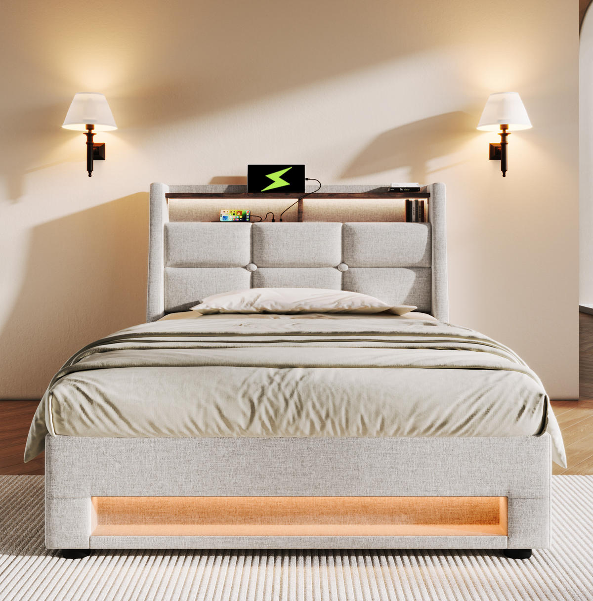 POLSTERBETT 90/200 cm Beige mit LED, USB und Stauraum - Beige, Textil (90/200cm) - Flora Grace