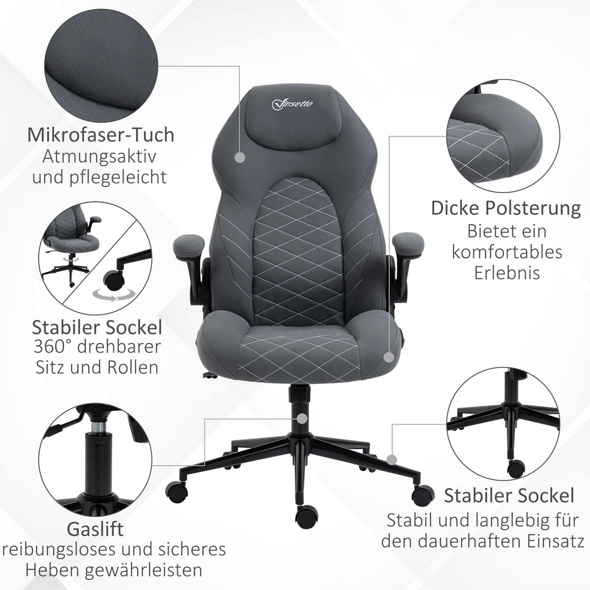 BÜROSTUHL, Ergonomischer Schreibtischstuhl, Computerstuhl mit Wippfunktion - Dunkelgrau, Kunststoff (69.5/122/65.5cm) - Vinsetto