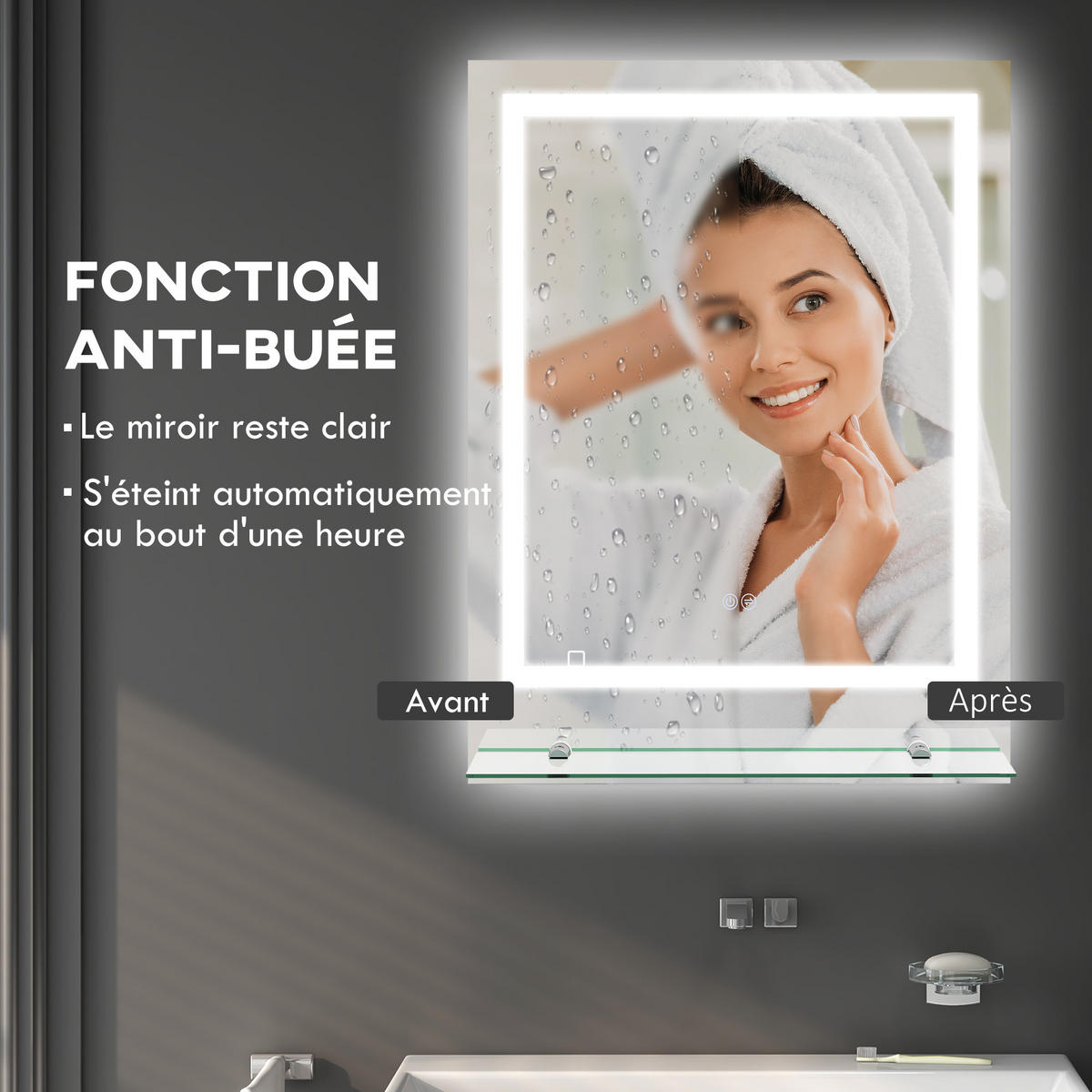 BADEZIMMERSPIEGEL DE-15202 80/60 cm mit Glasablage und 3 LED-Farben Silber - Transparent, Glas (60/2.7/80cm) - ComfortXL