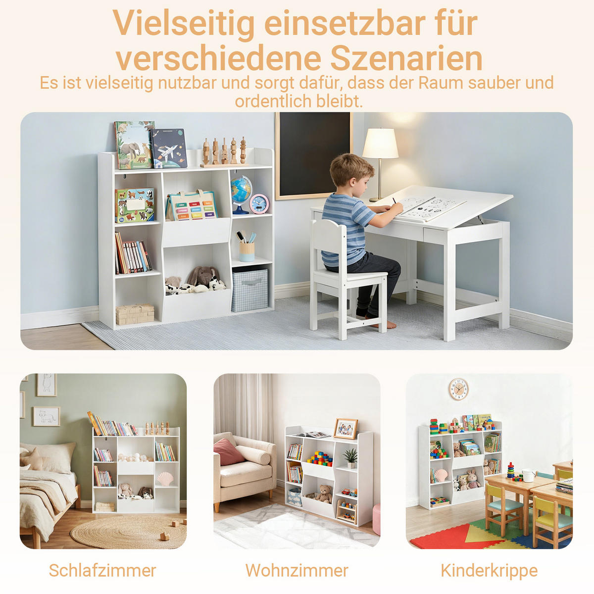 KINDERREGAL Montessori mit 8 Fächern, 106 x 104 x 30 cm, Weiß, Bücherregal, oberes Ablagefach, Kippschutz - Weiß, Holzwerkstoff (106/104/30cm) - SoBuy