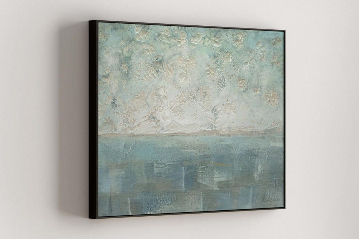 OLEJOMAĽBA 100/75 cm, More a pláž - biela/petrolejová, drevo/textil (100/75cm) - KUNSTLOFT
