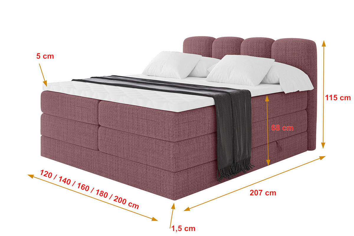 BOXBETT mit Matratze H3|H4 - NINA KING - 160x200 cm - Altrosa - Pink, Holzwerkstoff (160/200cm) - ALTDECOR