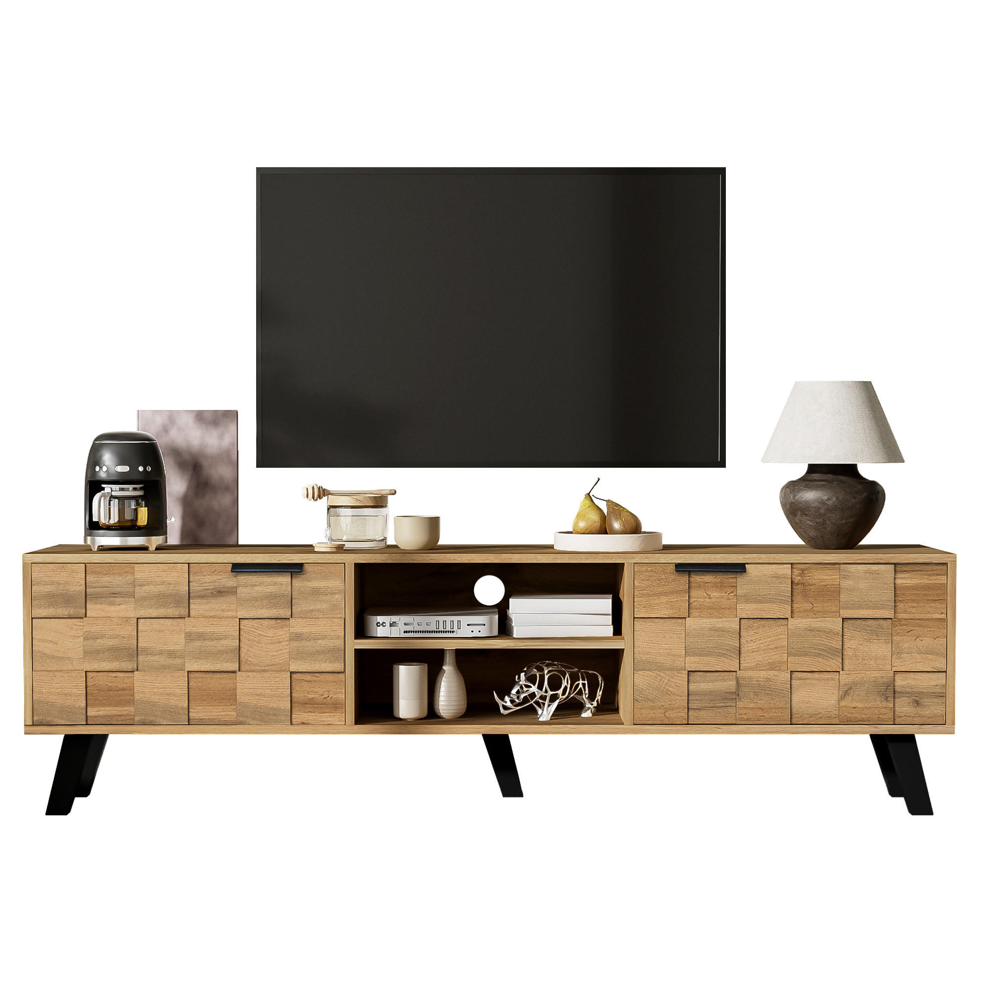 Modfu TV stolek z dřevotřísky 160,5x35,5x45 cm v dekoru dřeva se 2 dvířky, 2 otevřenými přihrádkami a tlumeným dovíráním