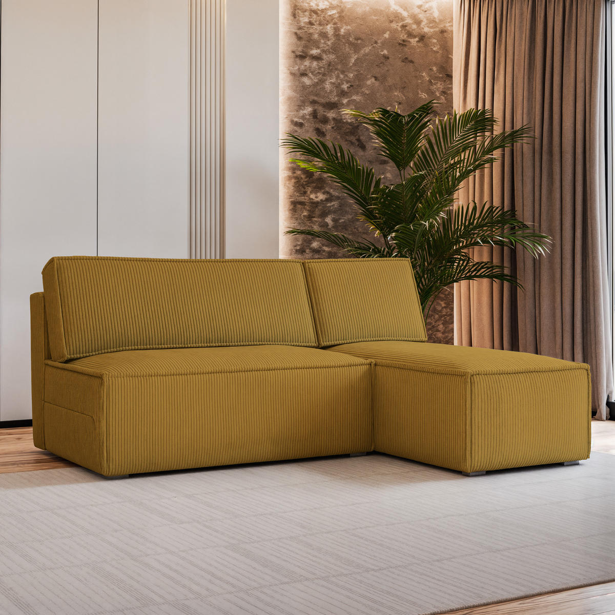 ECKSOFA BRISO P Gelb Kordstoff mit Schlaffunktion - Gelb, Holz (200/140cm) - MASSENO