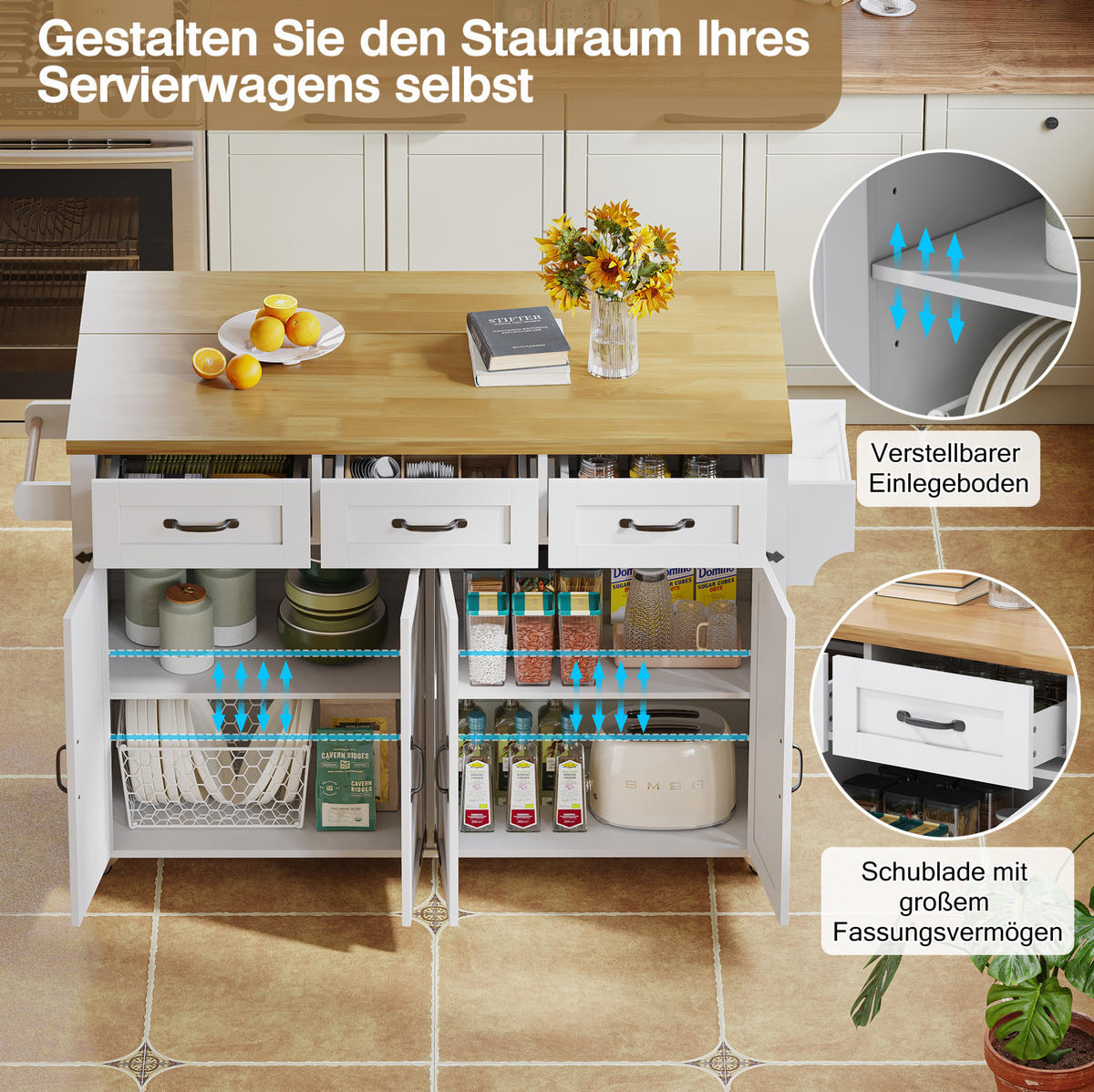 KÜCHENINSEL 140/90,5/43(70) cm Weiß/Natur aus MDF mit klappbarer Arbeitsplatte - Weiß, Holzwerkstoff (70/90.5/140cm) - OKMYHOME