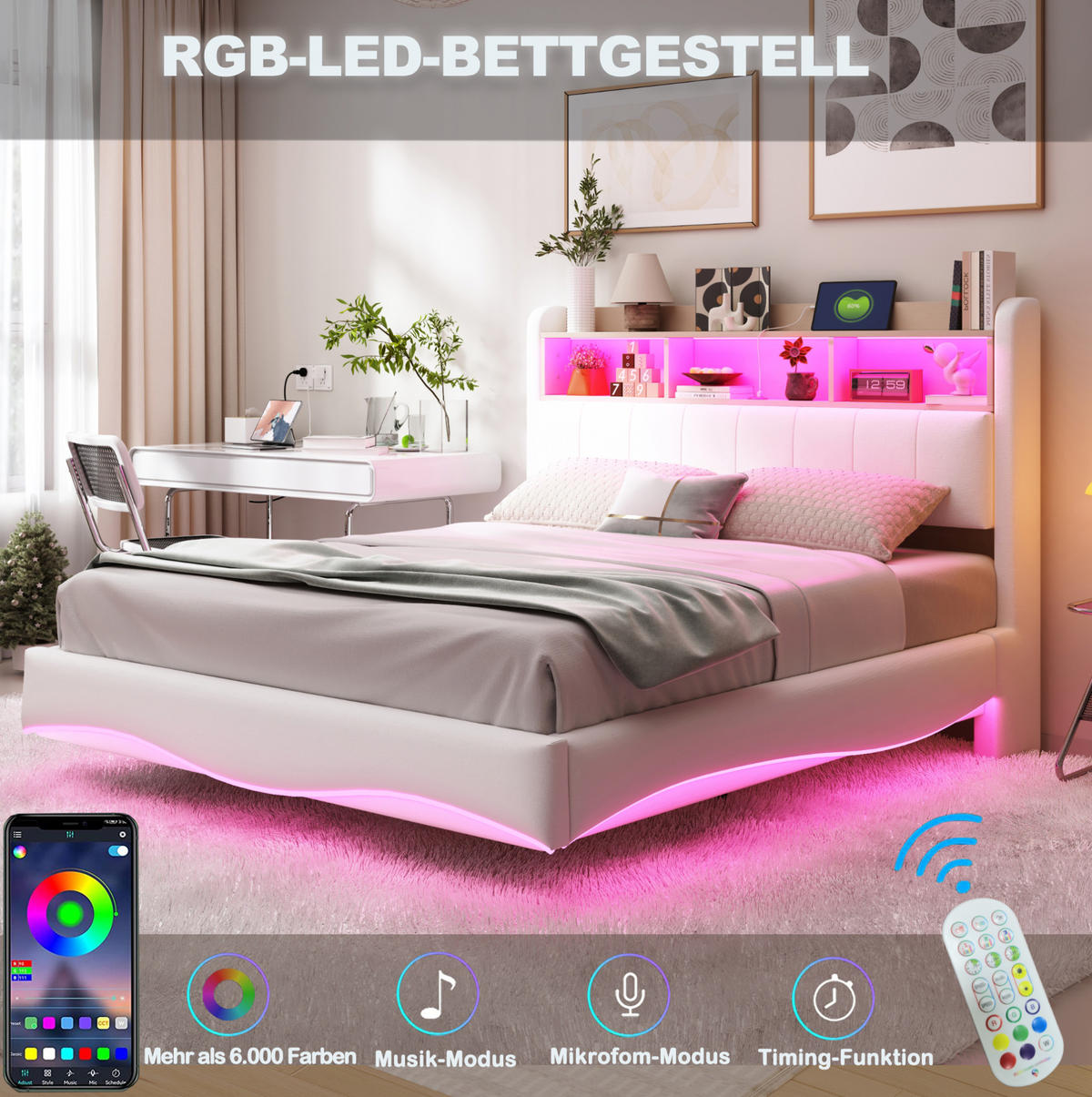 POLSTERBETT 140/200 cm Beige aus Stoff mit LED, USB und Typ-C - Beige, Textil (140/200cm) - OKWISH
