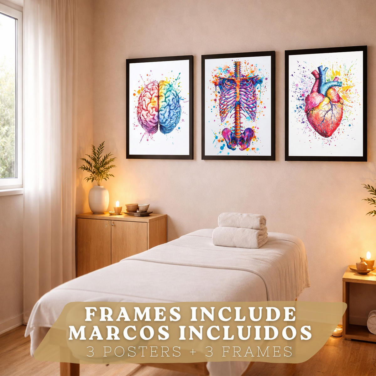POSTER Set aus 3 Anatomie Mensch Drucke und Wandbilder mit Gehirn Herz Rippen Wirbelsäule Lebendiges Aquarell Design Größe Schwarzer Rahmen A3 - Schwarz, Papier (29.7/42/3cm) - Nacnic
