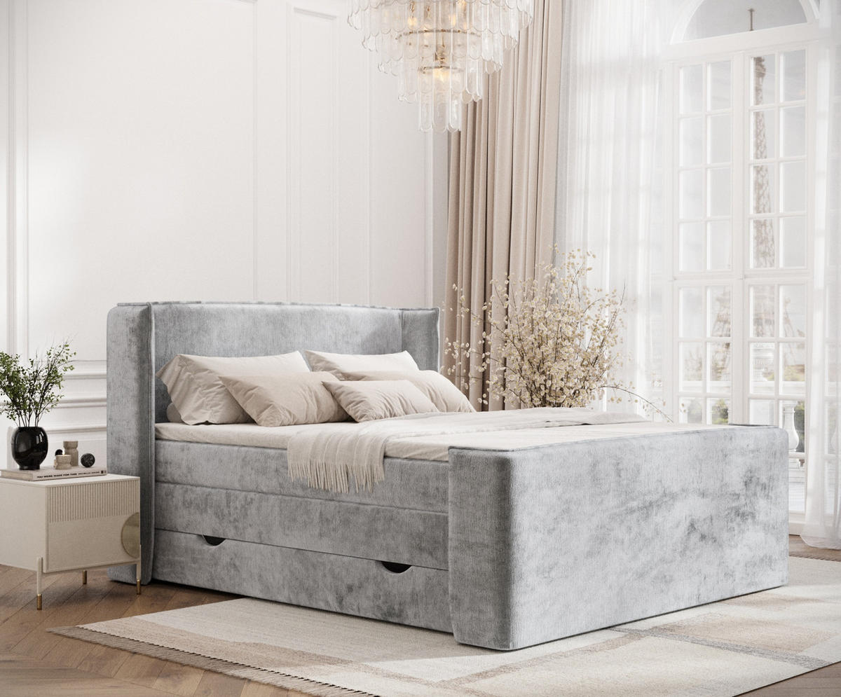 BOXSPRINGBETT Freeland Hellgrau 160/200 cm mit Matratze und Topper - Hellgrau/Schwarz, Holz/Holzwerkstoff (160/200cm) - Maison de Reve
