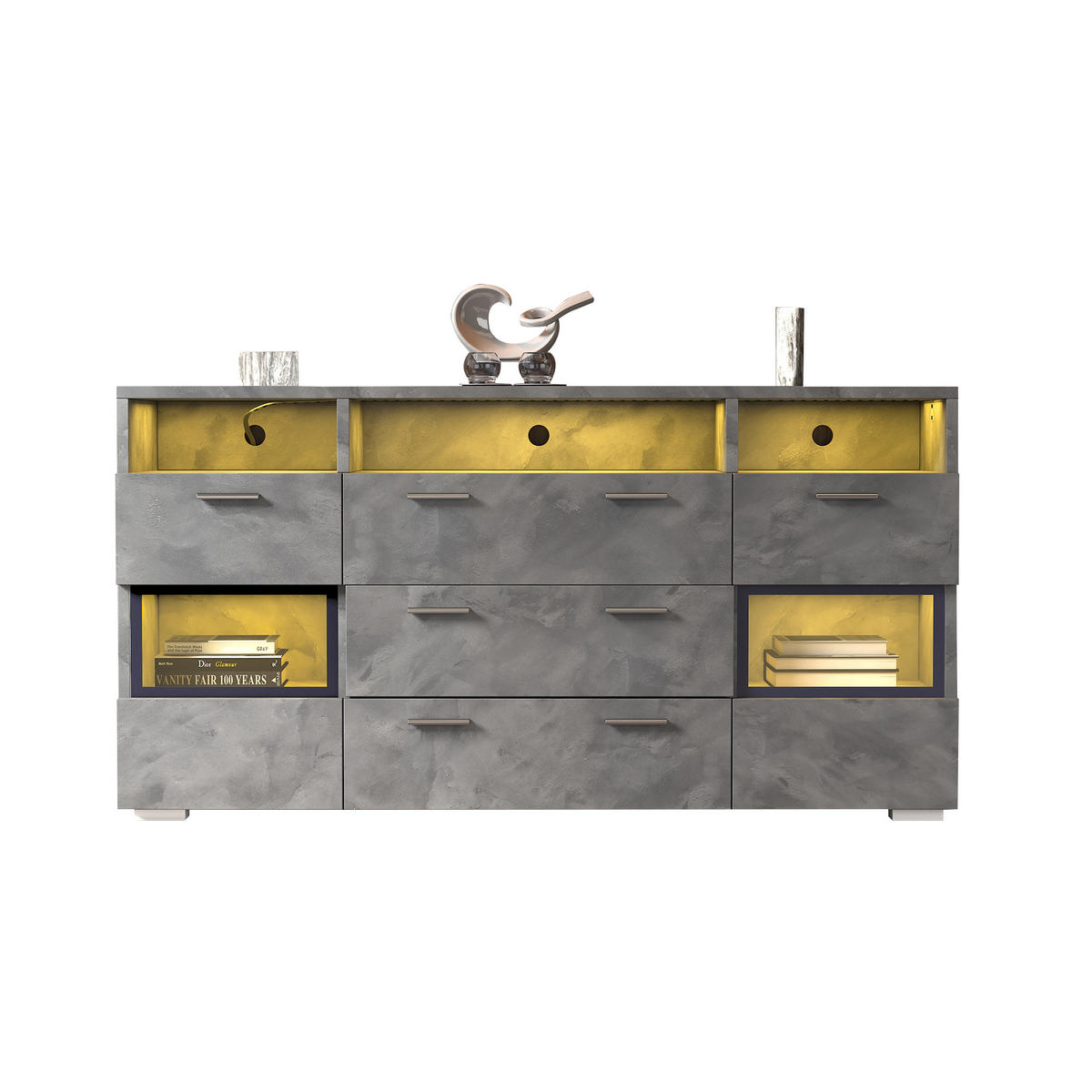 SIDEBOARD in Grau mit LED und transparenten Acryltüren, 2 Türen und 3 Schubladen, 140/33,5/72,5 cm，Grau - Grau, Holzwerkstoff (140/72.5/33.5cm) - Redom