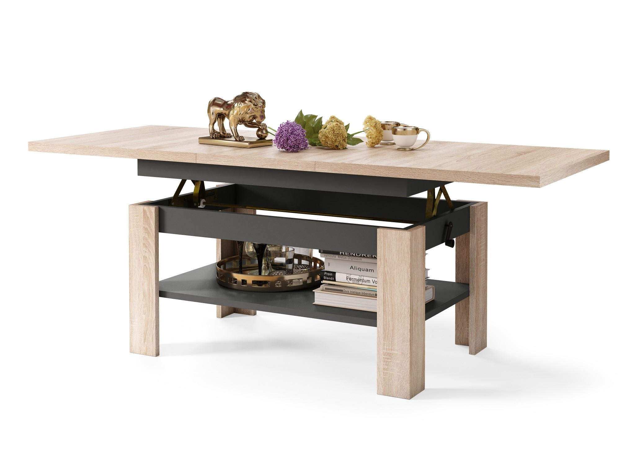 COUCHTISCH rechteckig Sonoma Eiche - Anthrazit ausziehbar höhenverstellbar - Anthrazit/Sonoma Eiche, Holzwerkstoff (65/130/58cm) - designimpex