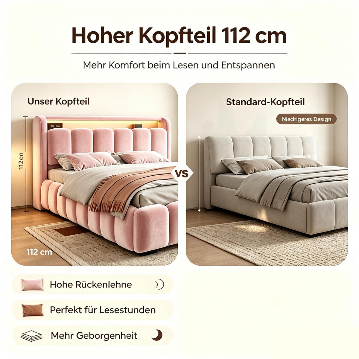 BOXBETT 180/200 mit LED/USB-C, Samt, Rosa - Rosa, Holz (180/200cm) - LVHOM