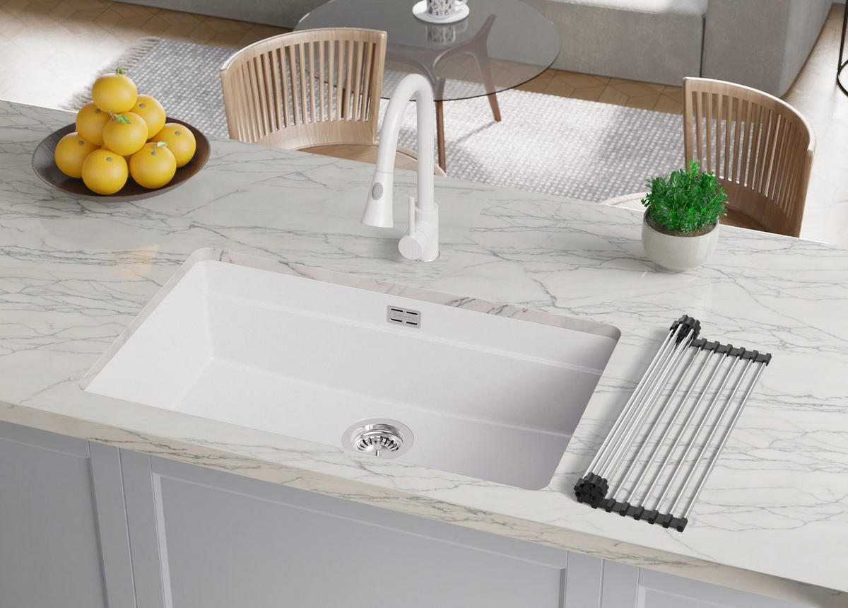 UNTERBAUSPÜLE GRANIT Praga, 2-er set Weiß 76/47 cm 1 Becken + Ablauf-Set + Aufrollbare Abtropffläche ab 80er Unterschrank - Chromfarben/Weiß, Kunststoff (76/20/47cm) - Primagran