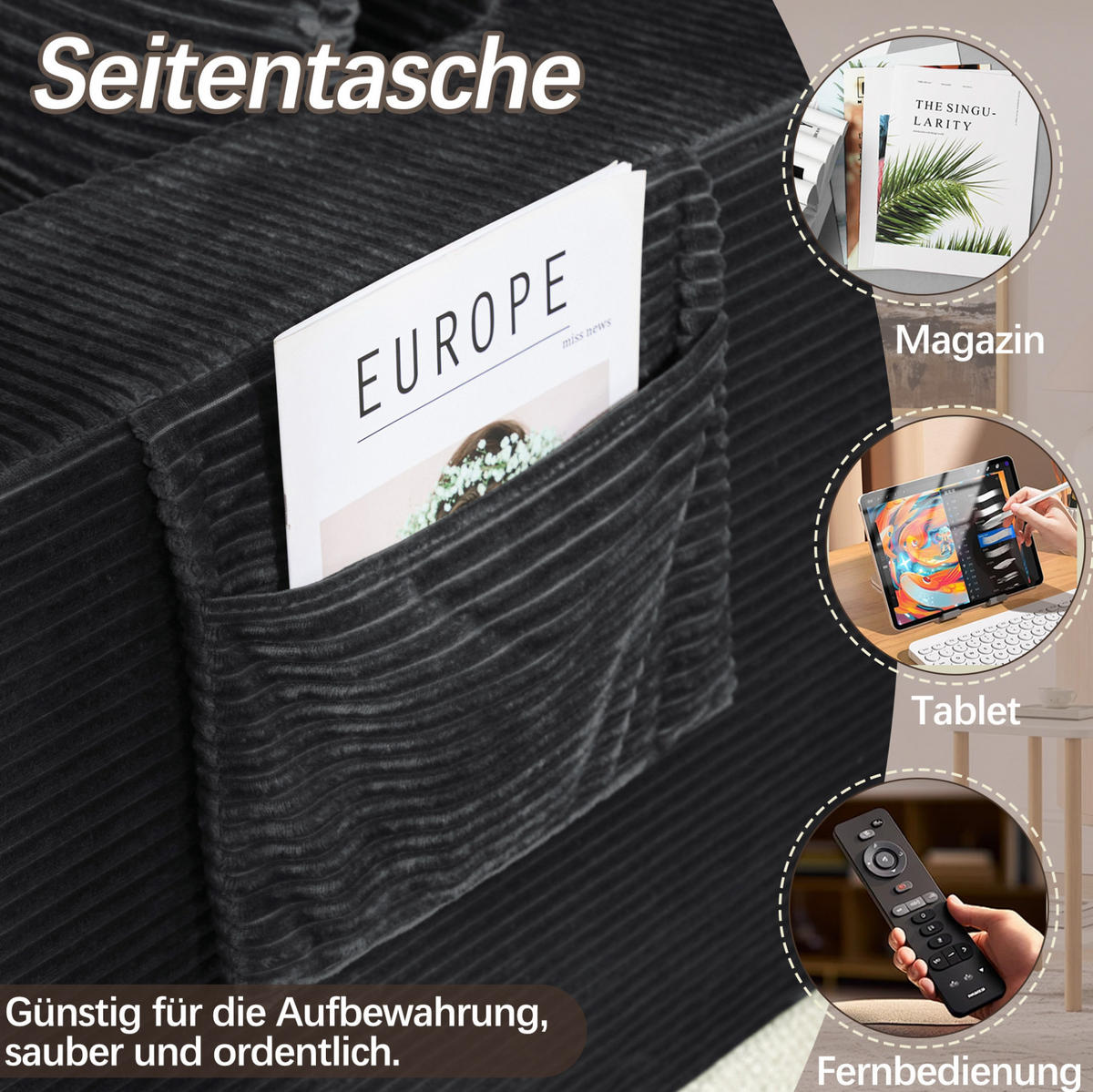 SOFA mit Ausklappfunktion und Seitentaschen Black Corduroy - Schwarz, Kunststoff (140/67/85cm) - Meubliv