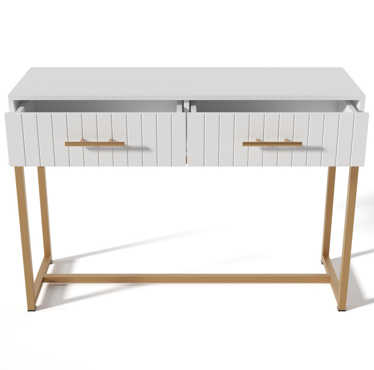 SCHMINKTISCH aus Spanplatte 100x45x75 cm Weiß mit 2 Schubladen, Metallgestell und geriffelten Fronten - Weiß, Holzwerkstoff (100/75/45cm) - Modfu