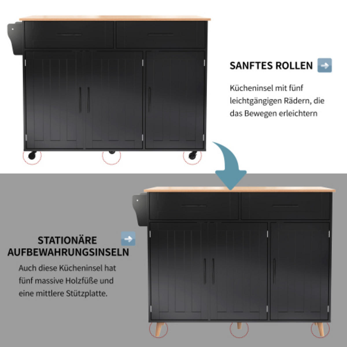 KÜCHENINSEL Schwarz-Natur aus MDF mit klappbarer Erweiterungsplatte, austauschbaren Füßen 129 × 71 × 91,5 cm - Schwarz, Holzwerkstoff (129/91.5/71cm) - Luhomfu