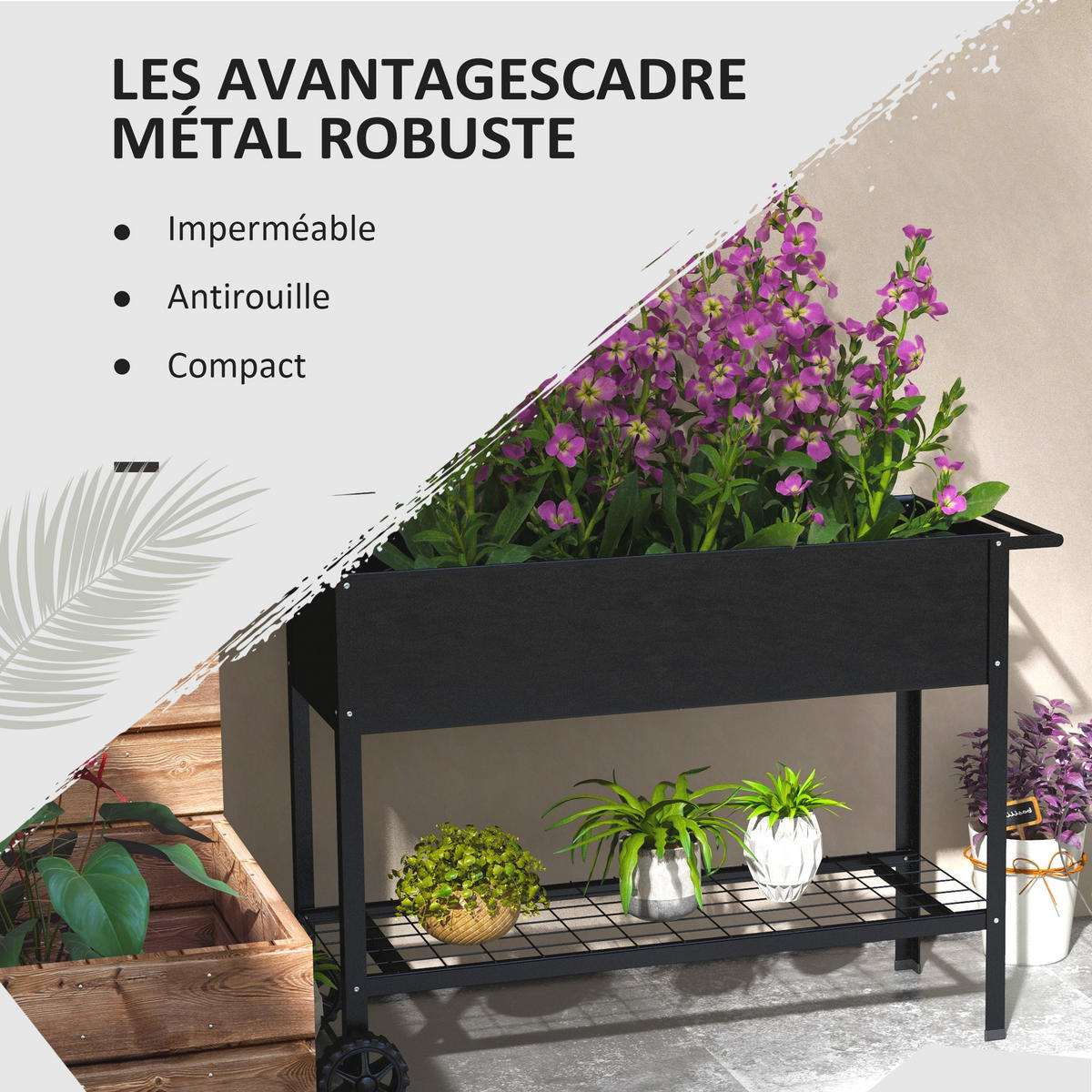HOCHBEET DE-16033 mit Etagere und Rollen Schwarz - Schwarz, Metall (109/80/44cm) - ComfortXL