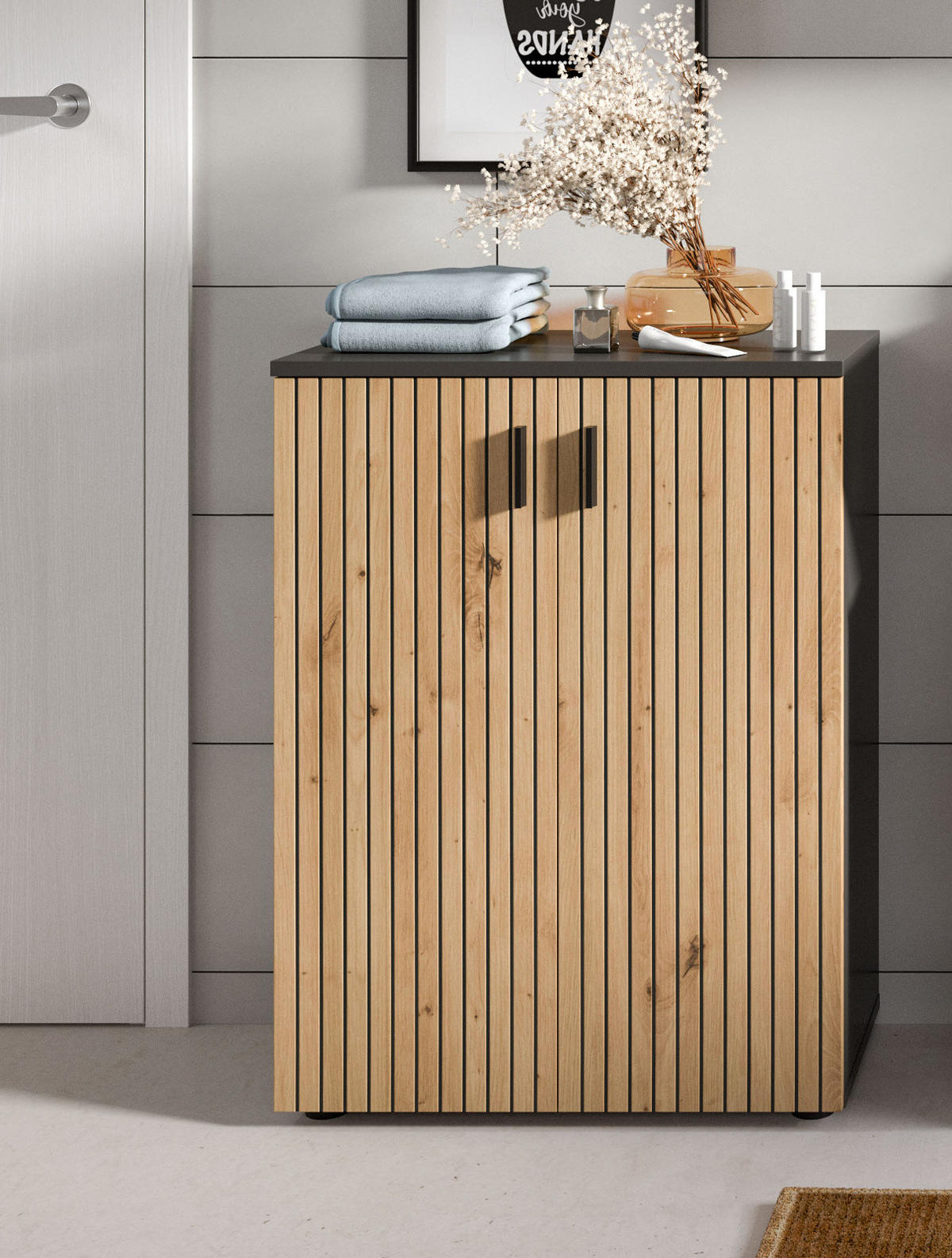 KOMMODE Eiche, grau 60 cm, Badschrank mit Rillen-Optik - Schwarz/Eiche Artisan, Holzwerkstoff/Kunststoff (60/81/30cm) - Inn.Furn