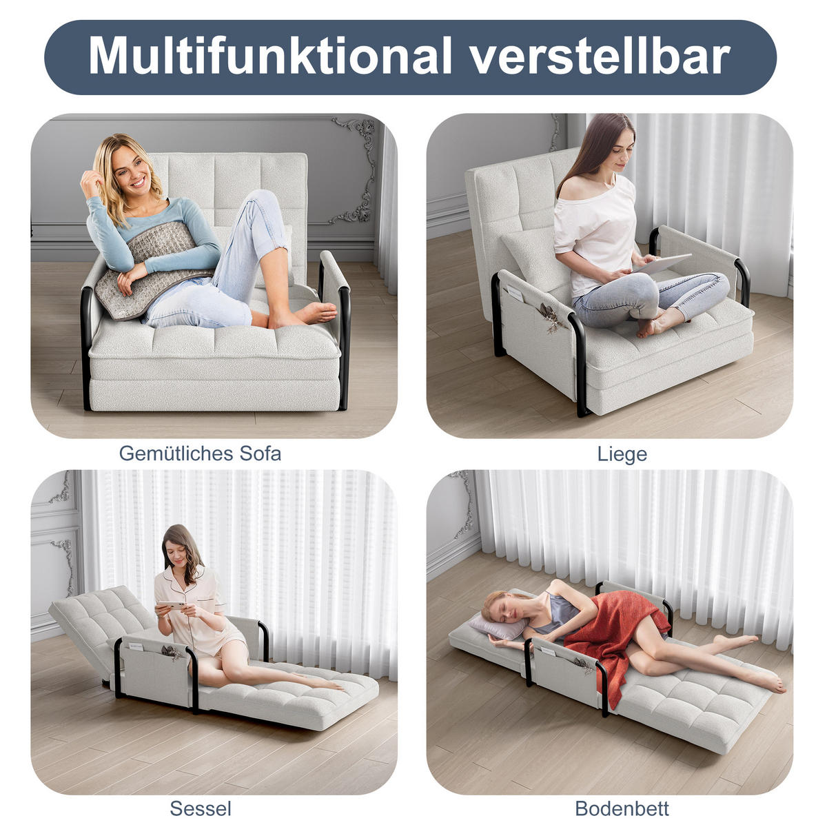 SCHLAFSOFA 5-fach verstellbar, Multifunktional, Beige Bouclé-Stoff - Beige, Holz (78/55/180cm)