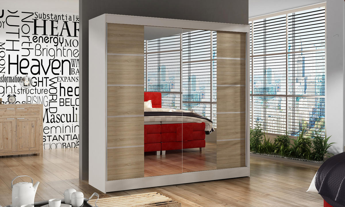 SCHWEBETÜRENSCHRANK Basti V - 200 cm - Beige/Weiß, Holzwerkstoff/Metall (200/215/58cm) - Sofnet