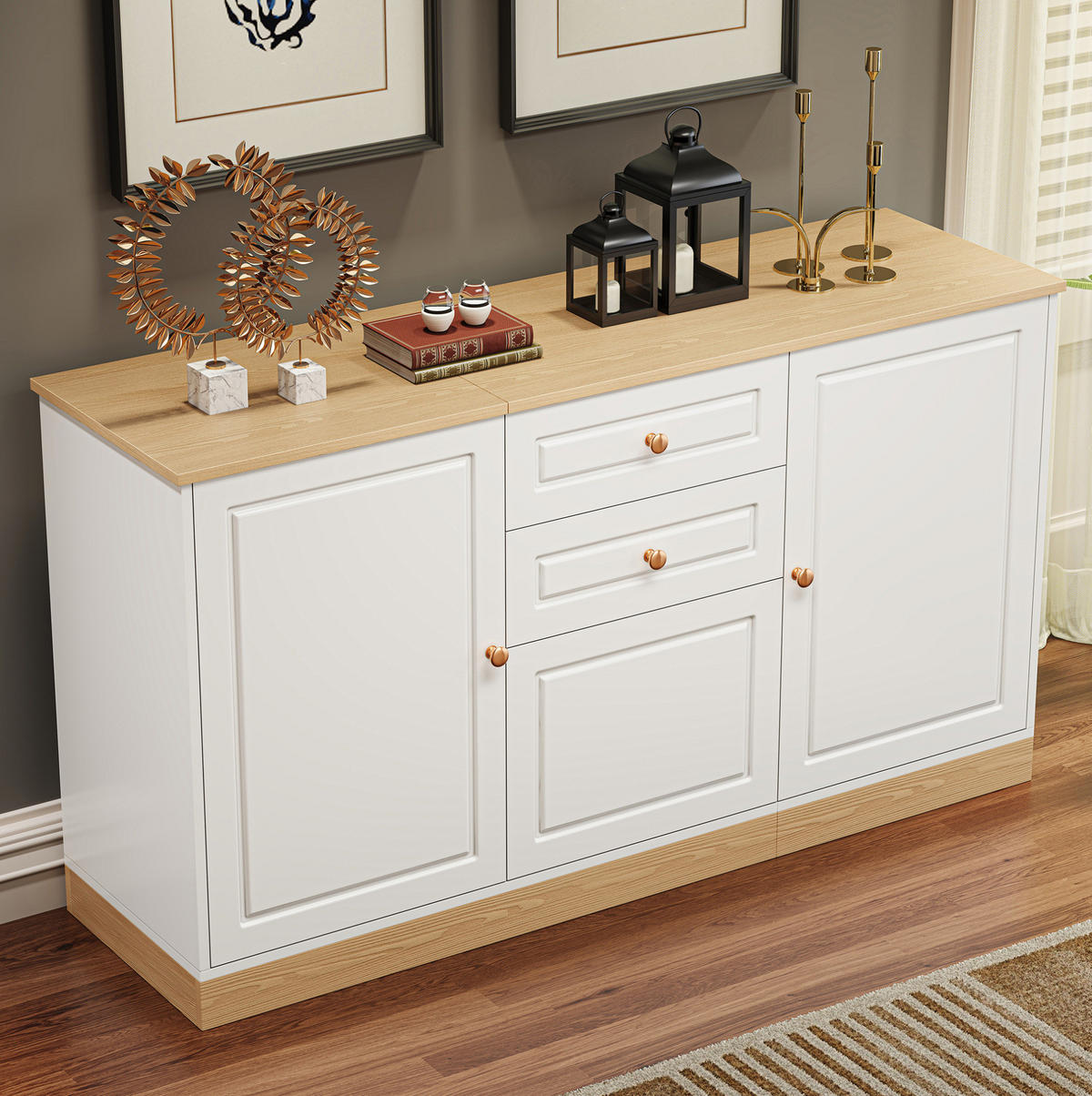 SIDEBOARD aus Spanplatte 135,5x39x76 cm Weiß und Holzoptik mit 3 Türen und 2 Schubladen - Weiß, Holzwerkstoff (135.5/76/39cm) - IVMEU