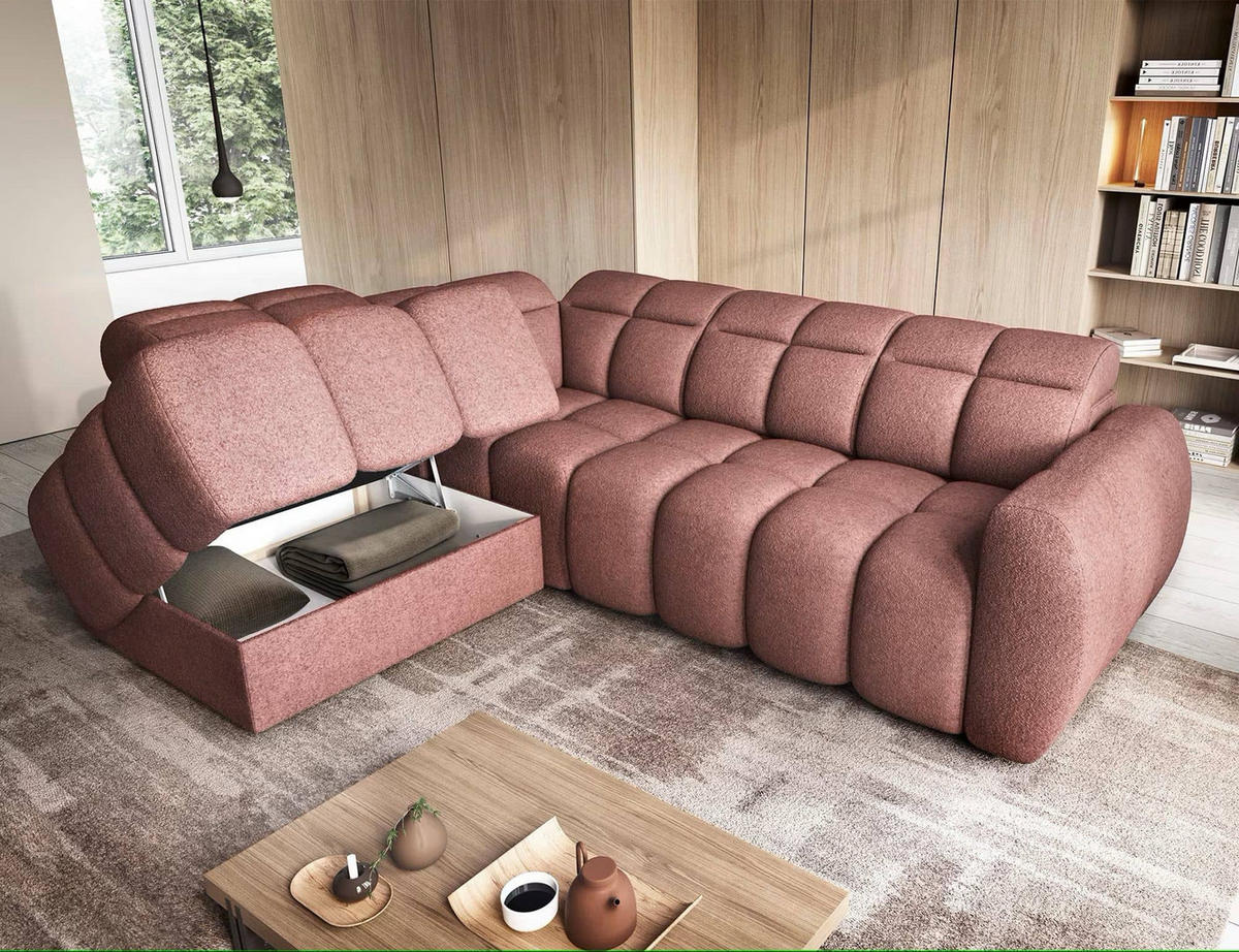 ECKSOFA mit elektrischem Sitzvorschub, Bettkasten und verstellbare Kopflehnen - Rosa, Naturmaterialien/Textil (258/208cm) - Eltap