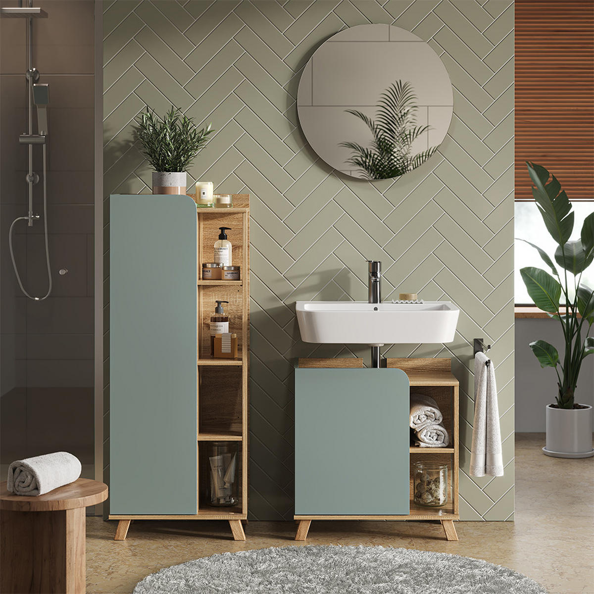 MIDISCHRANK Karen Blau-Grau 50 x 128 cm mit Tür und offenen Fächern - Dunkelblau/Sonoma Eiche, Holzwerkstoff (50/128/35cm) - Vicco