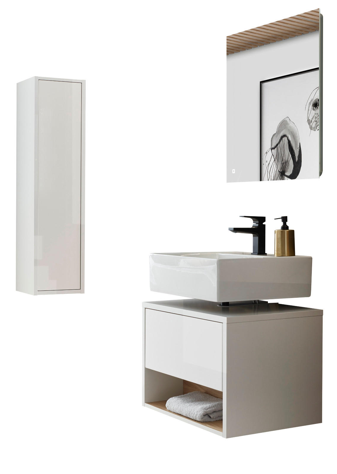 BADSPIEGEL-SET 3-teilig weiß Hochglanz, Eiche, Badmöbel mit LED Beleuchtung 100 cm - Weiß Hochglanz, Glas/Holzwerkstoff (100/190/46cm) - Furn.Design