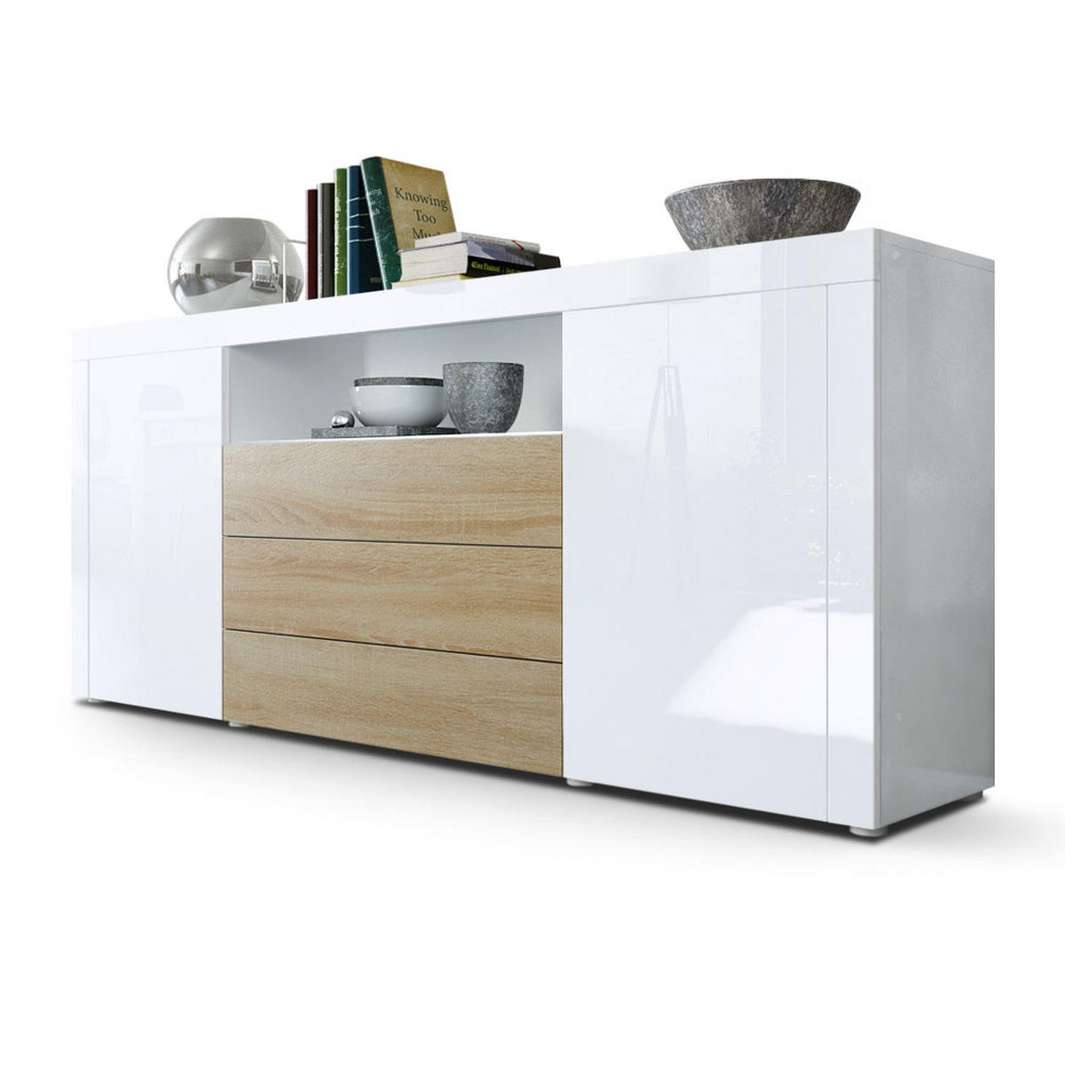 SIDEBOARD Santiago Weiß Hochglanz / Eiche sägerau - Weiß Hochglanz, Holzwerkstoff (167/72/35cm) - Vladon