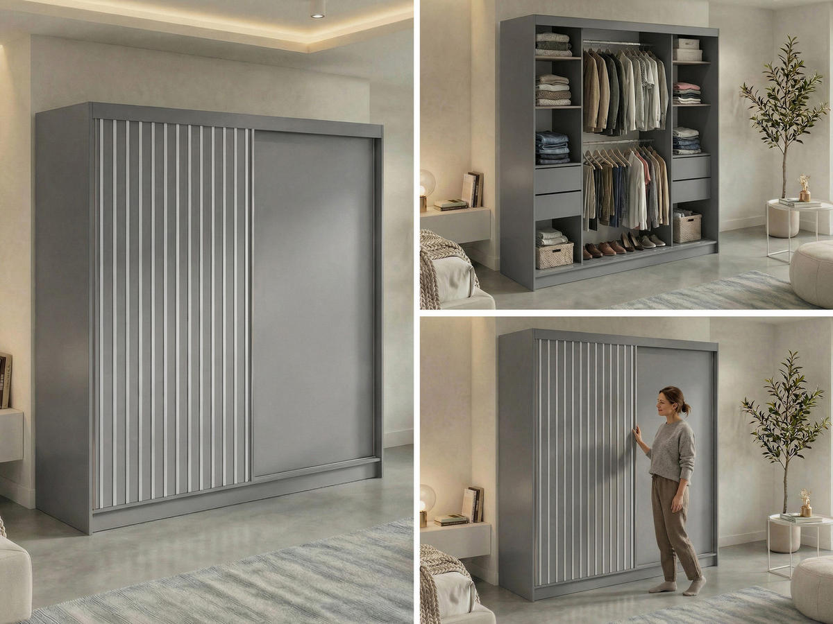 SCHWEBETÜRENSCHRANK mit Lamellen und Schubladen LUMOS - 200 - Grau und Weiß - Alufarben/Weiß, Holzwerkstoff/Metall (200/216/61cm) - MKS