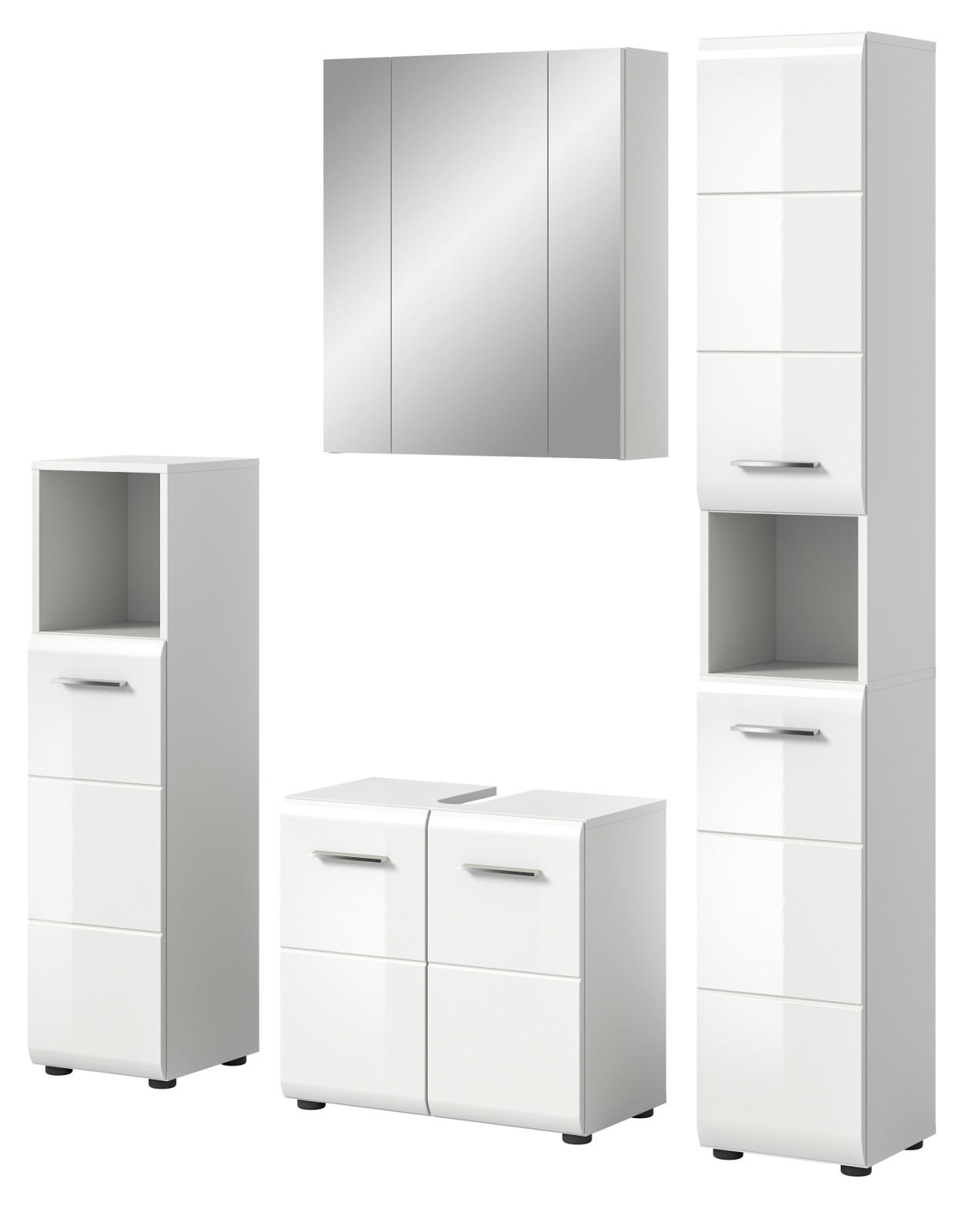 BADMÖBEL-SET weiß Hochglanz 4-teilig 150 cm, Komplettset mit viel Stauraum - Weiß Hochglanz/Silberfarben, Glas/Holzwerkstoff (150/185/30cm) - Inn.Furn