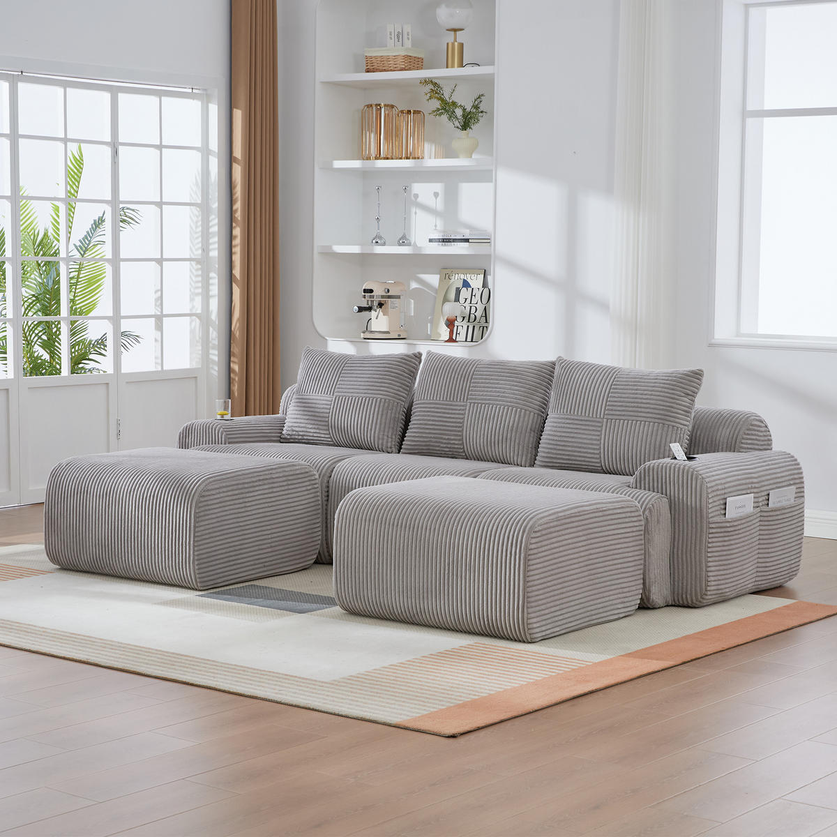 3-SITZER Wohnlandschaft Cord mit 2 Hockern und Getränkehalter 268/174/80 cm Hellgrau - Hellgrau, Textil (174/80/268cm) - Redom