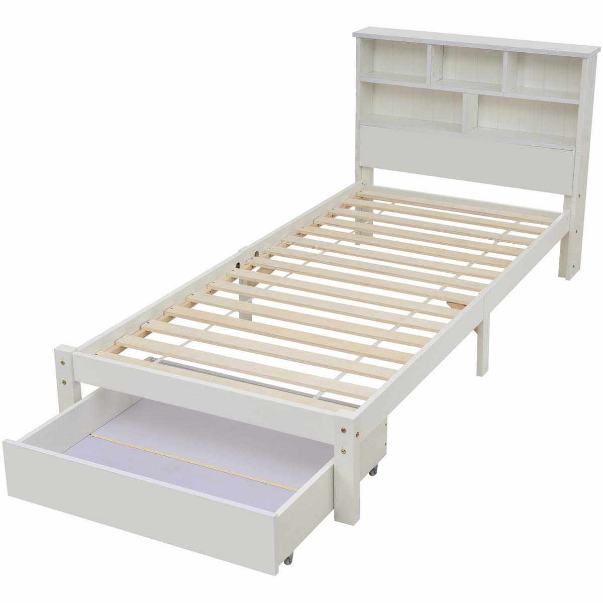 BETT 90/200 cm Weiß aus Massivholz mit Schubladen und Bücherregal-Kopfteil - Weiß, Holz (90/200cm) - Flora Grace