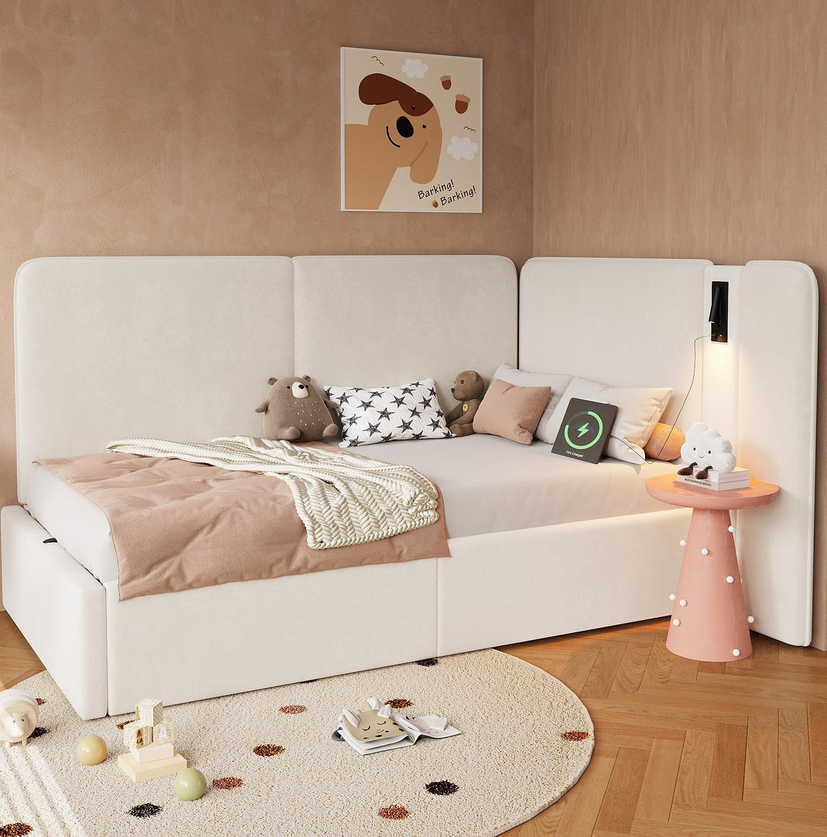 POLNJENA postelja iz žameta 90x200 cm bež s hidravličnim predalom, bralno svetilko, USB in Type-C priključkom - bež, tekstil (90/200cm) - Modfu