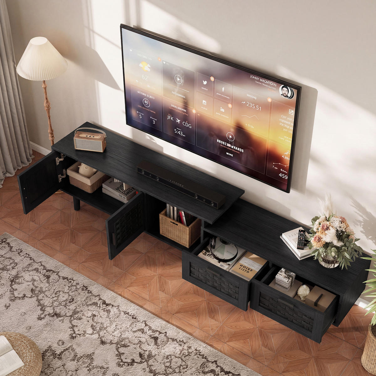 TV LOWBOARD ausziehbar 146–180 cm 2 Türen 2 Schubladen schwarz - Schwarz, Holz (180/44/29.8cm) - LEBENLANG