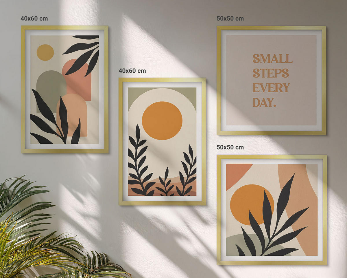 WANDBILDER 4er Set - 50x50 cm & 40x60 cm Goldrahmen - Abstrakte Pflanzenmotive - Goldfarben, Kunststoff (50/50cm) - ArtPrintCave