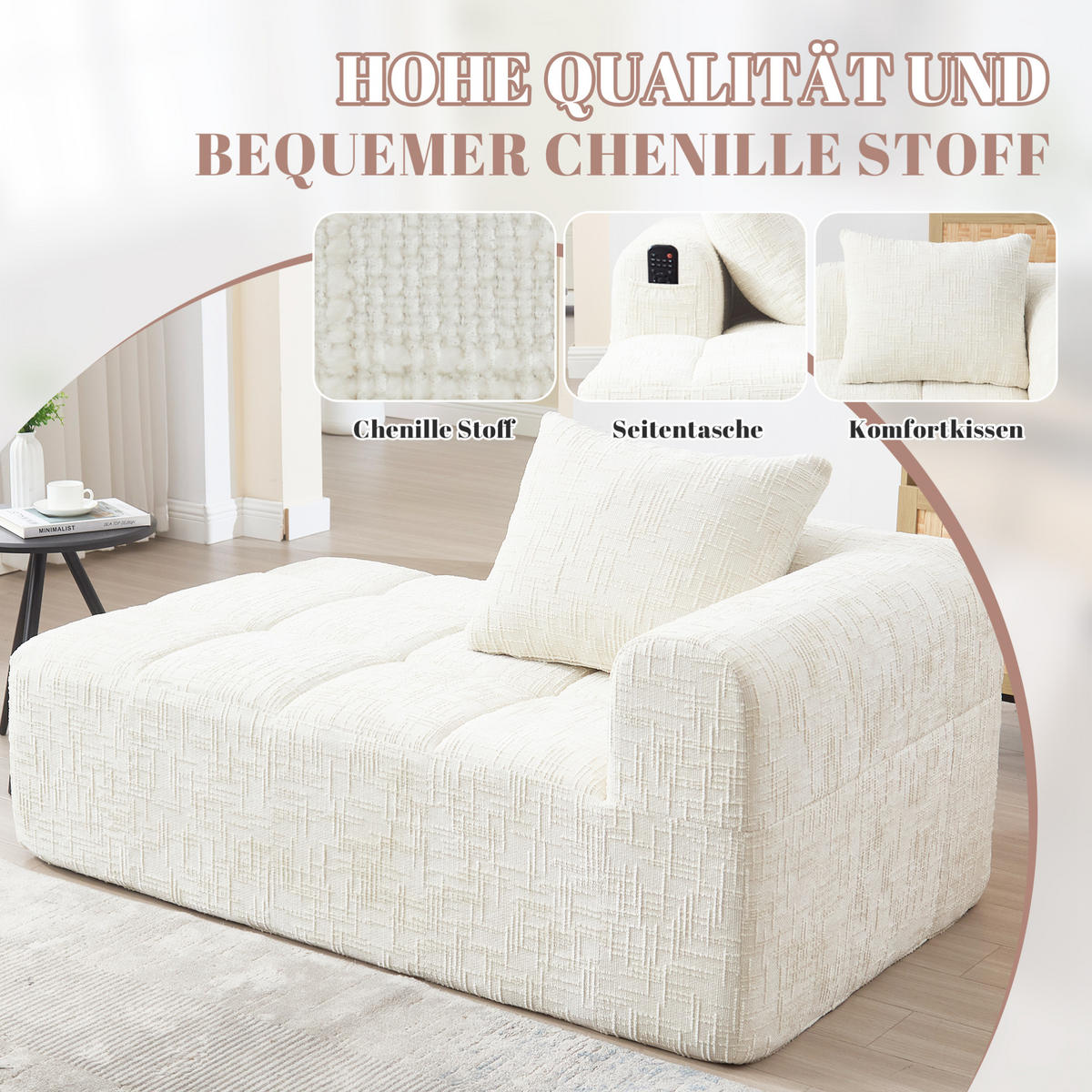 CHAISELONGUE Sofa Chenille mit Kissen und Seitentaschen 158/90/60 cm Beige - Beige, Textil (60/158/90cm) - Redom