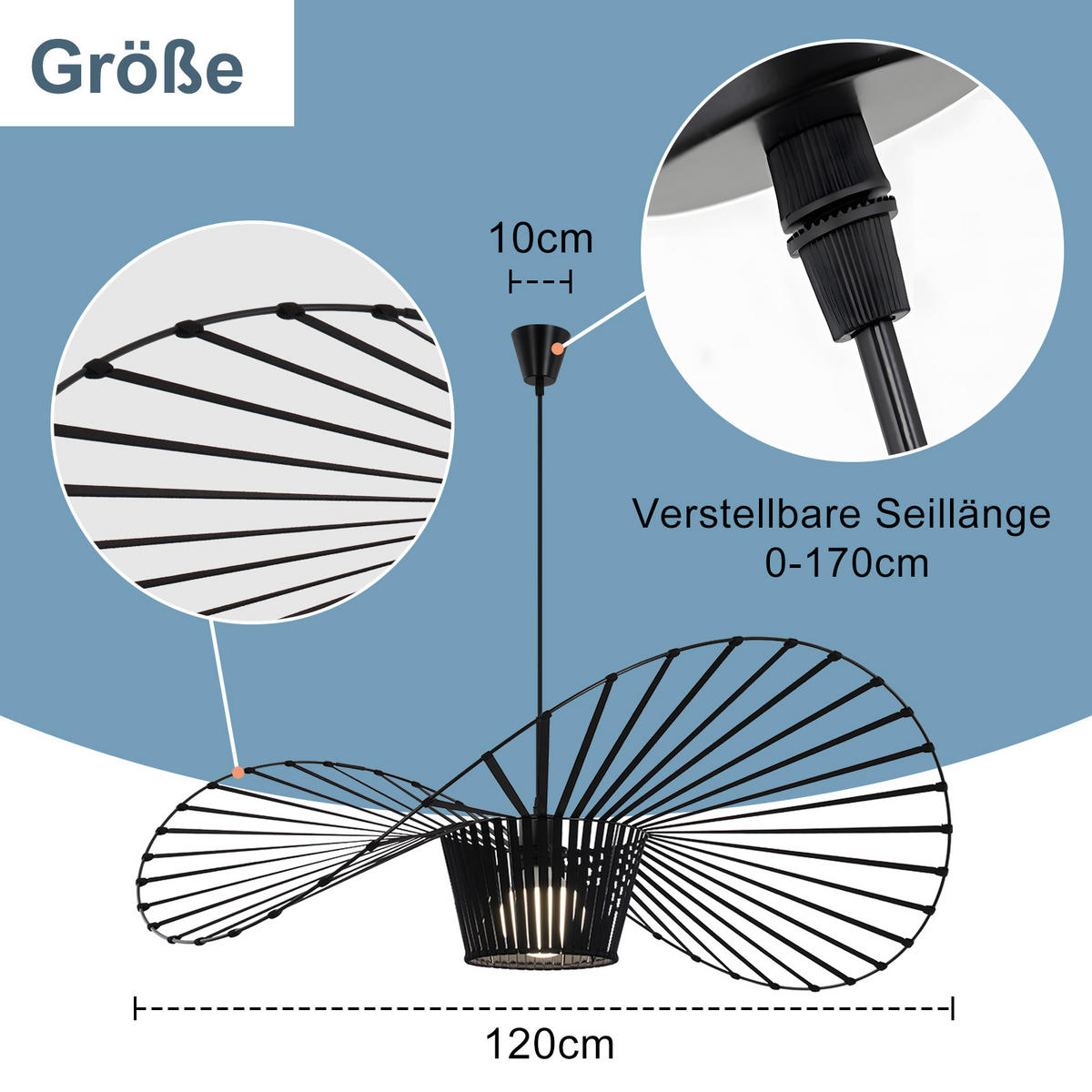 HÄNGELEUCHTE Strohhut 120/120/150 cm - Schwarz, Metall (120/120/150cm) - Nettlife