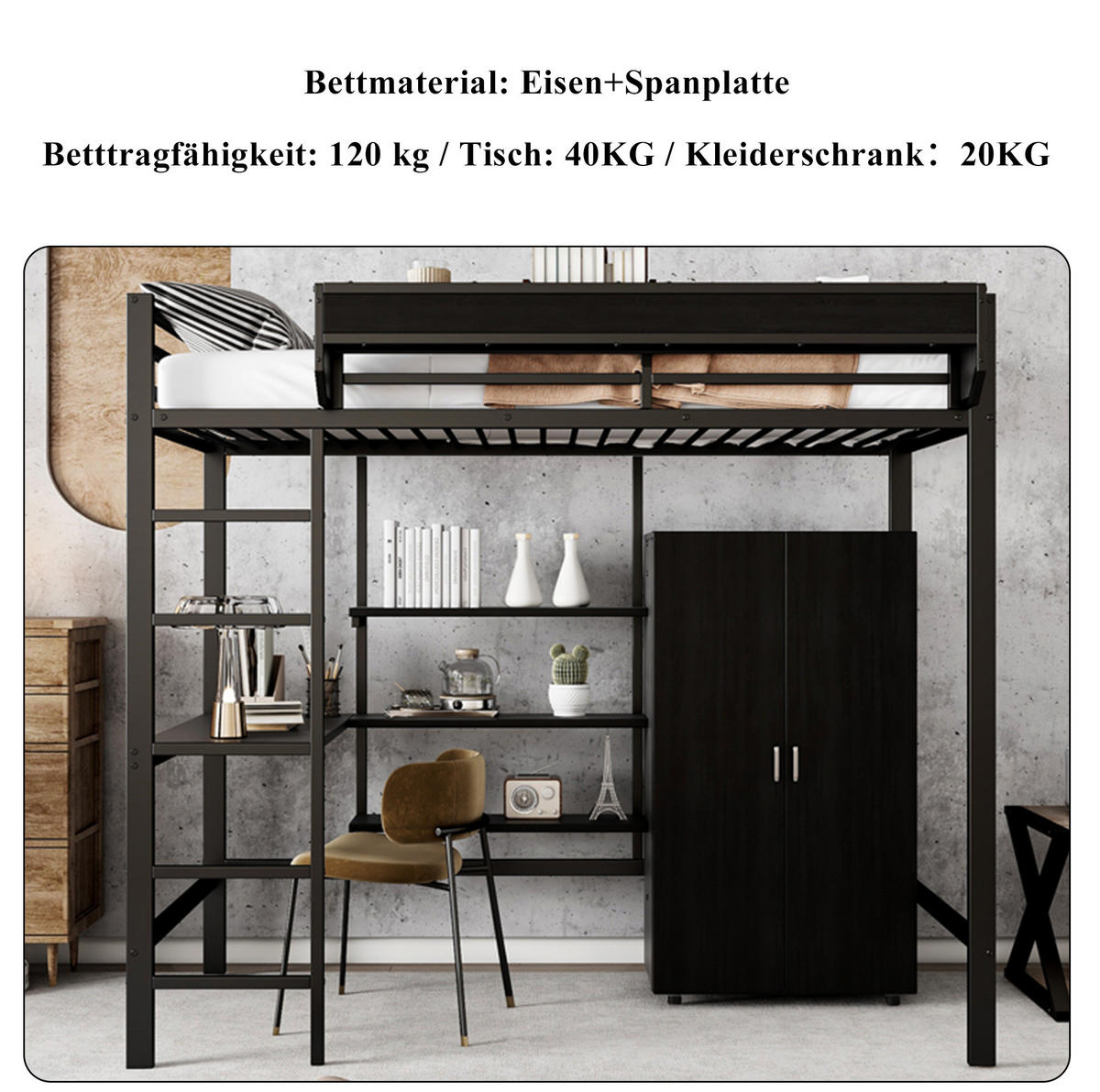 ETAGENBETT 90/200 cm mit Tisch, Kleiderschrank und 5-stufiger Leiter, Schwarz - Weiß, Metall (90/200cm) - Redom