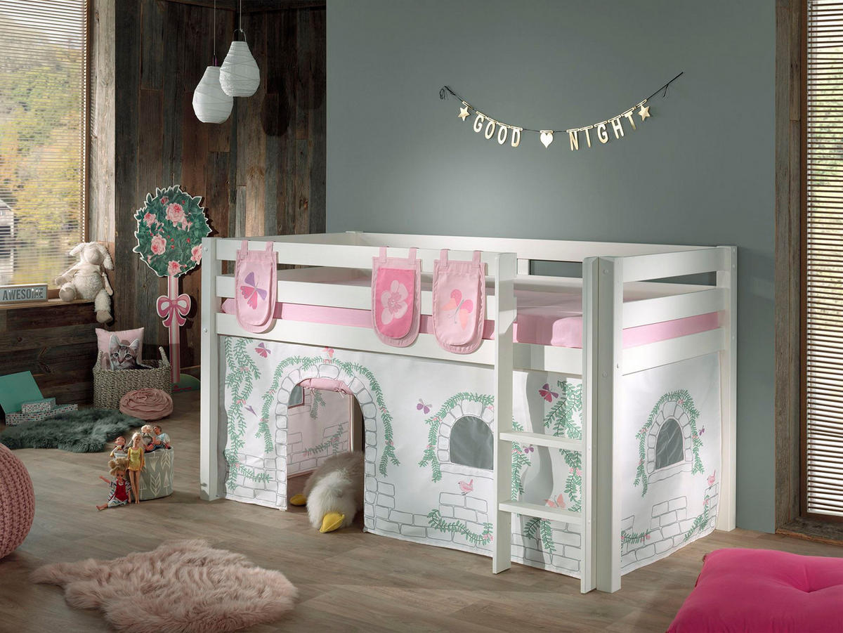 KINDERBETT Karolina 210x114x106 Massivholz Weiß Textilset Burg 3 - Hellgrau/Weiß, Holz (90/200cm) - 58aufmkessel