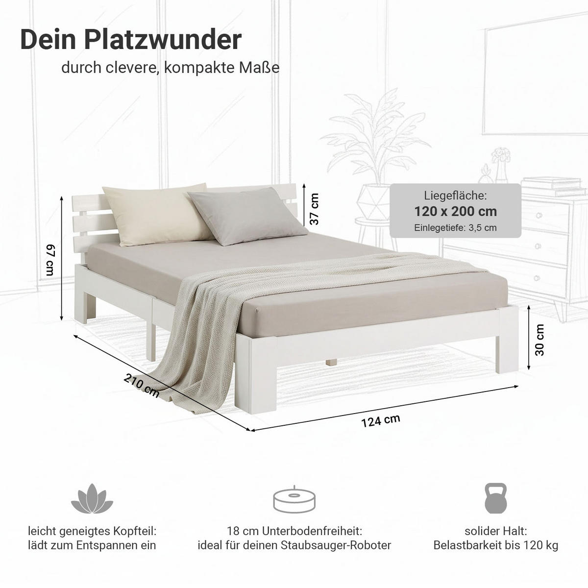 HOLZBETT mit Matratze 120/200 cm weiß - Weiß, Holz (120/200cm) - Homestyle4u