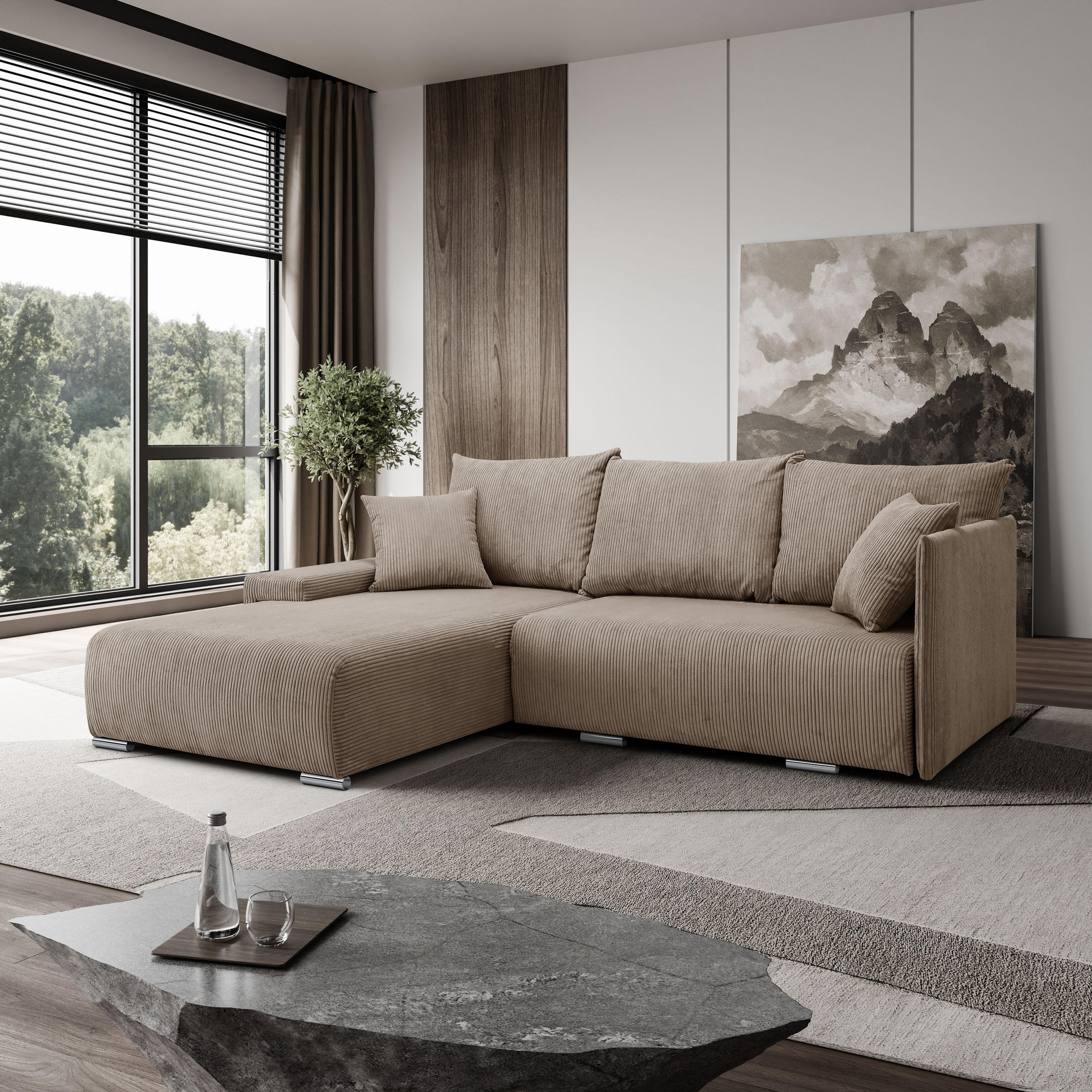 ECKSOFA L-Form Schlaffunktion Livorno Cord-Stoff Hellbraun Links - Chromfarben/Hellbraun, Holz/Kunststoff (188/246cm) - Kaiser Möbel