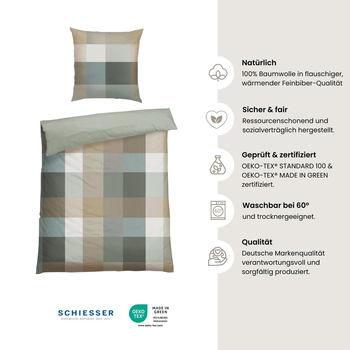 BETTWÄSCHESET Travis - Feinbiber - 2-teilig - 135 x 200 cm - Grün - Grün, Textil (135/200cm) - SCHIESSER