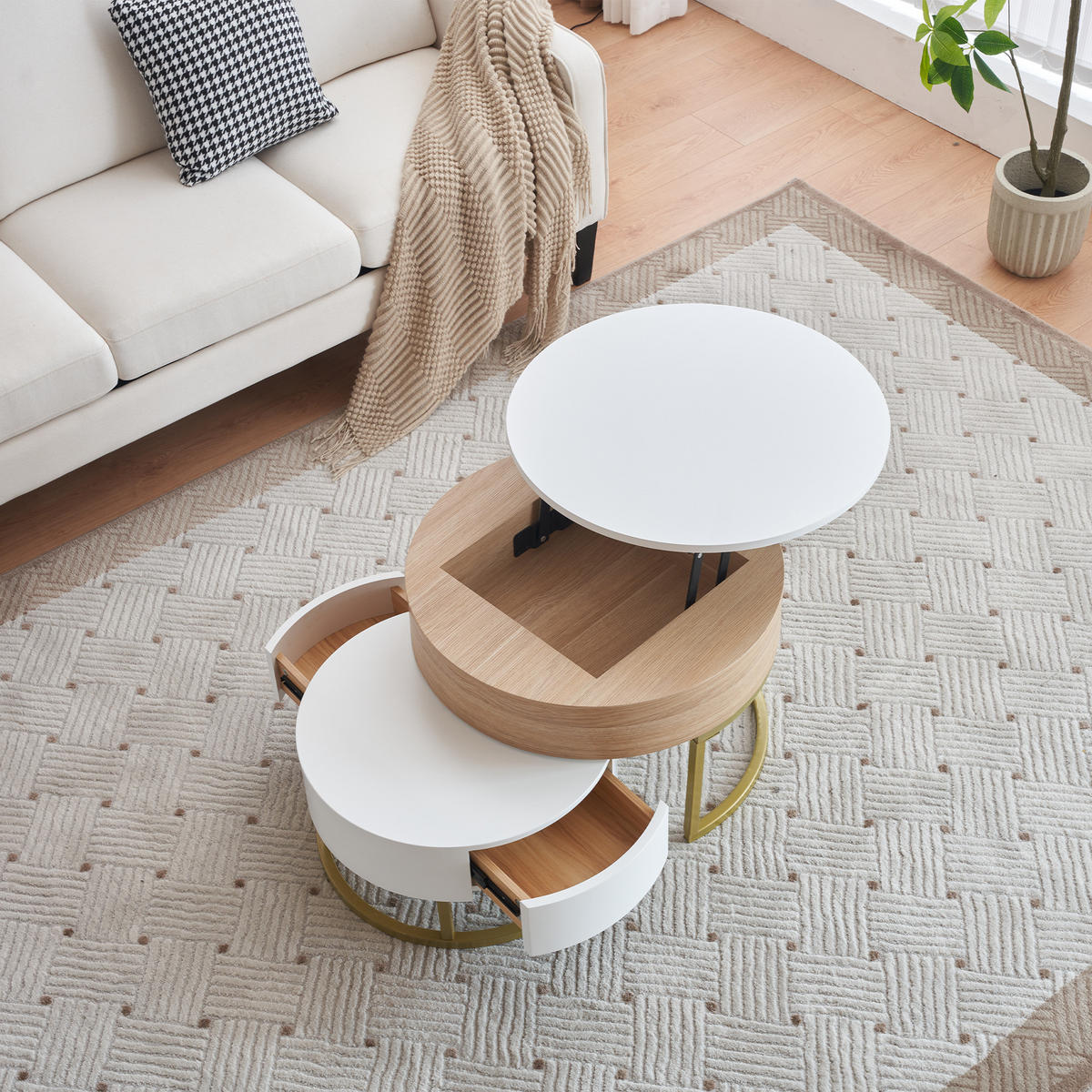 COUCHTISCH Set 2-tlg Gold Hochklappbar 2 Schubladen Satztisch Kombination - Weiß, Holz (78.5/78/22cm) - FLIEKS