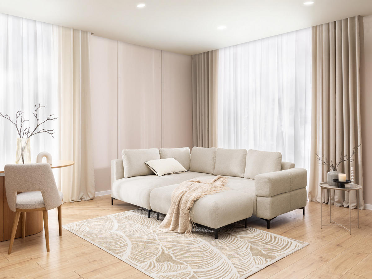 POLSTERHOCKER Cardea in Bubble-Optik aus weichem Hellbeige Strukturstoff mit hohem Sitzkomfort - Beige/Schwarz, Holz/Textil (110/46/65cm) - S-Style Möbel