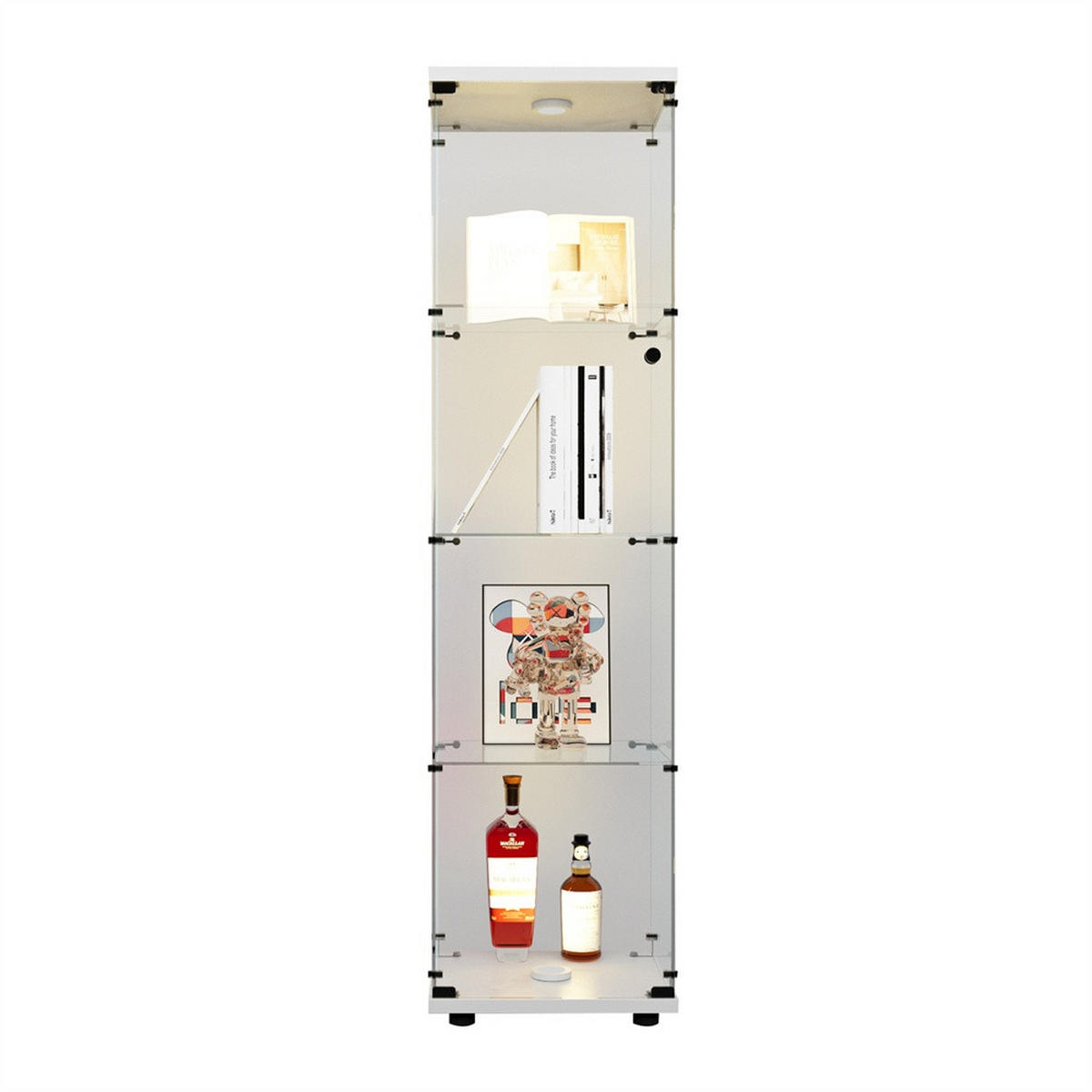 VITRINE mit LED Beleuchtung - Glaskvitrine mit 4 Ebenen und 1 Glastür - für Wohnzimmer und Büro - Weiß - Weiß, Glas (42.5/163.5/36.5cm) - DELFA