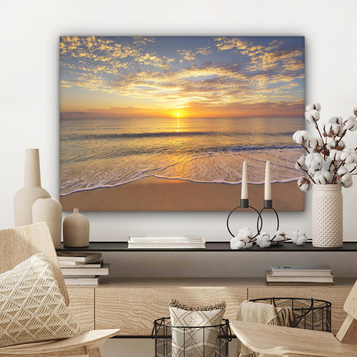 LEINWANDBILD Strand - Sonnenuntergang - Meer Wandbilder 80x60 cm - Gelb, Textil (80/60cm) - MuchoWow